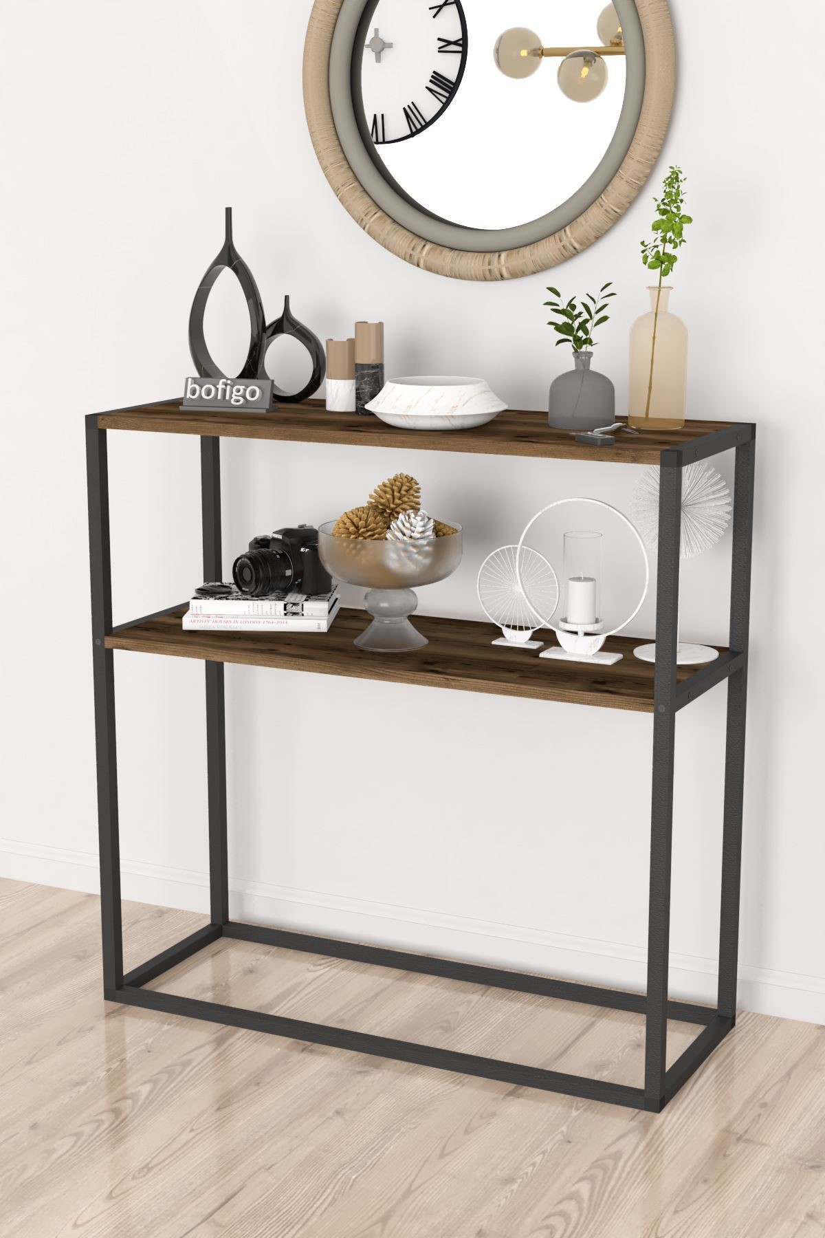 Bofigo Metal Ayaklı Dresuar Dekoratif Raflı Dresuar Konsol Metal Dresuar Tunç Lidya