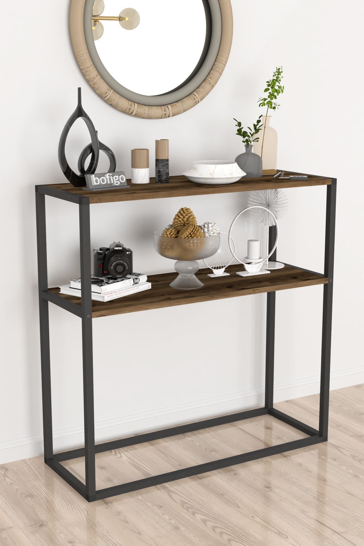 Bofigo Metal Ayaklı Dresuar Dekoratif Raflı Dresuar Konsol Metal Dresuar Tunç Lidya