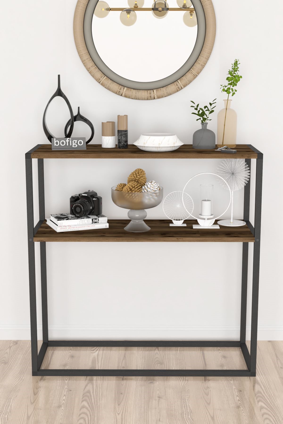 Bofigo Metal Ayaklı Dresuar Dekoratif Raflı Dresuar Konsol Metal Dresuar Tunç Lidya
