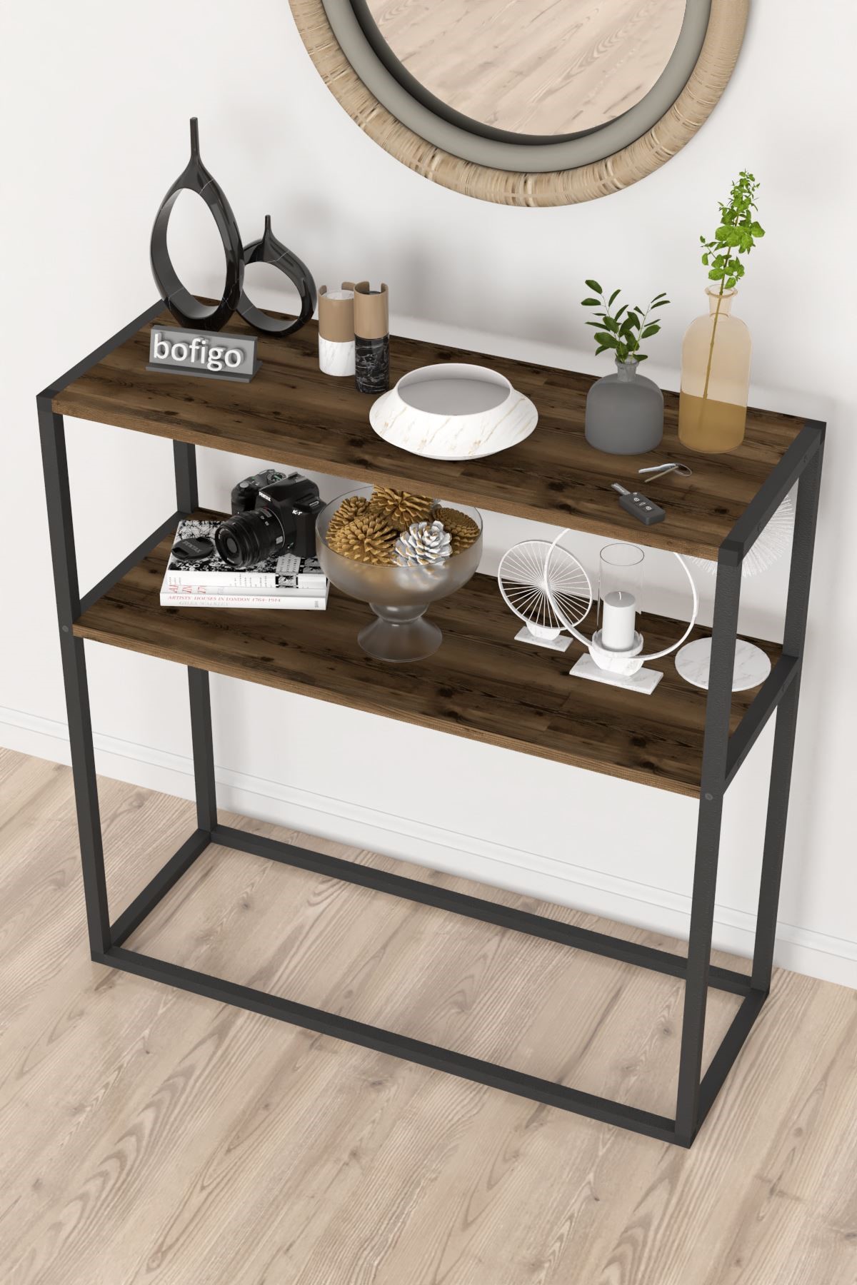 Bofigo Metal Ayaklı Dresuar Dekoratif Raflı Dresuar Konsol Metal Dresuar Tunç Lidya