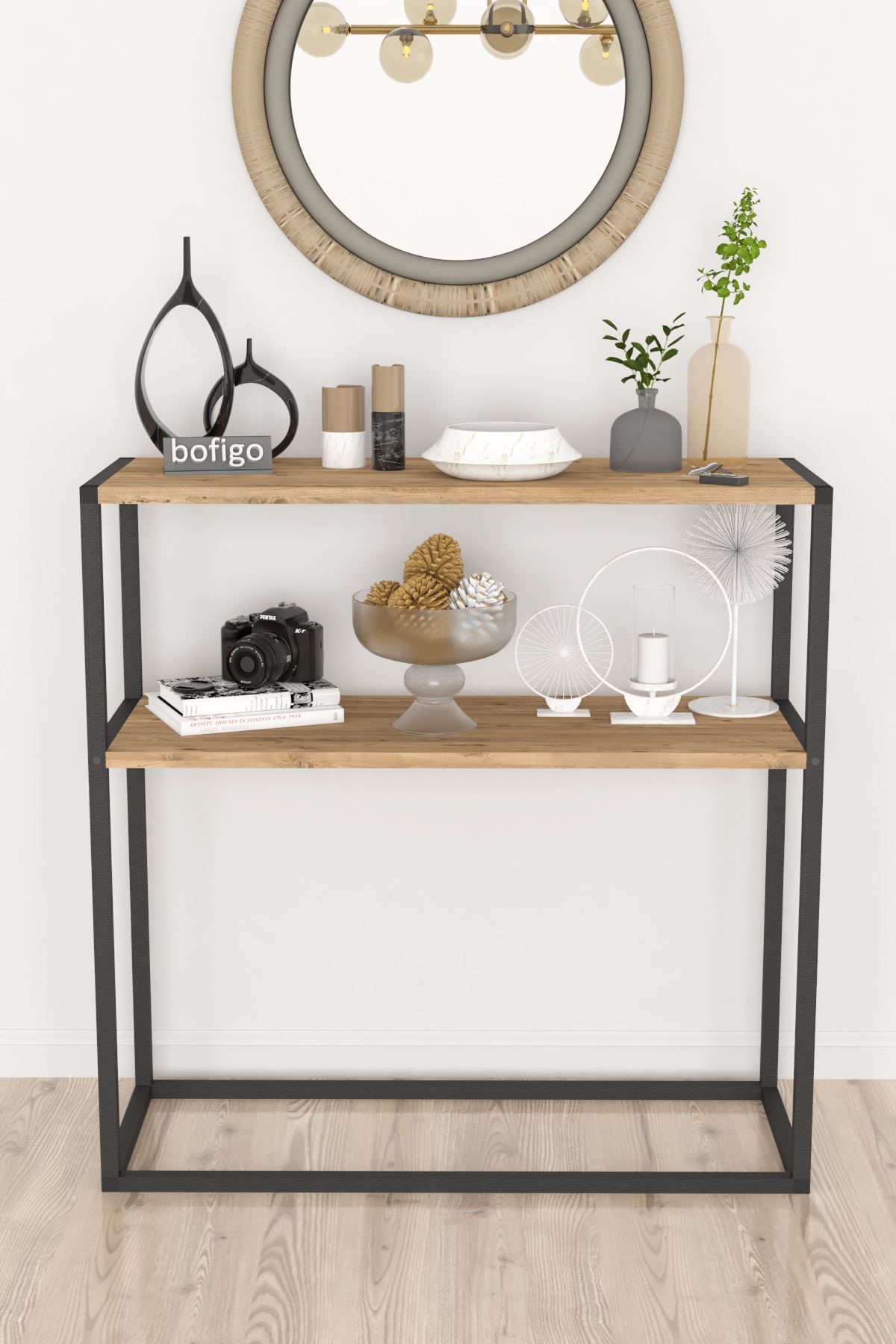 Bofigo Metal Ayaklı Dresuar Dekoratif Raflı Dresuar Konsol Metal Dresuar Tunç Çam