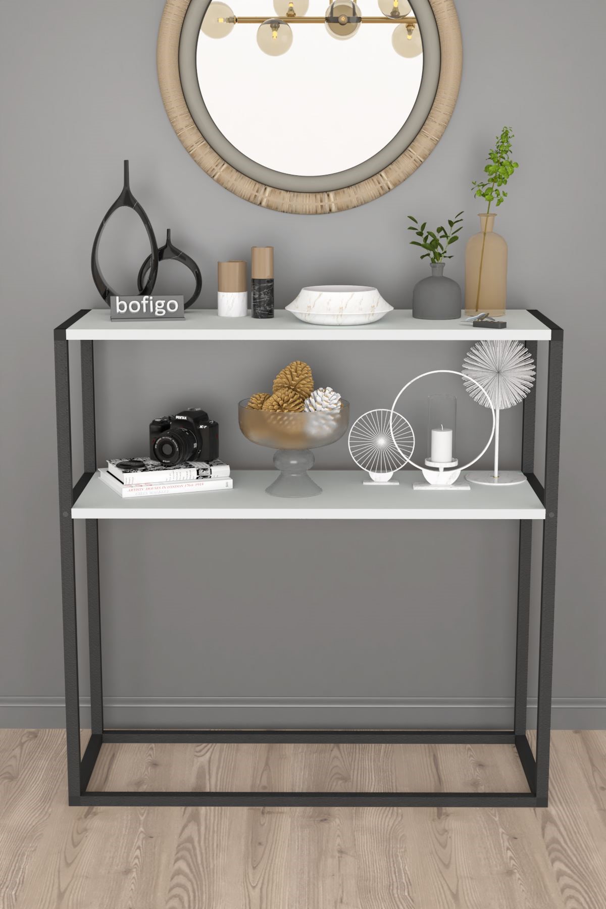 Bofigo Metal Ayaklı Dresuar Dekoratif Raflı Dresuar Konsol Metal Dresuar Tunç Beyaz