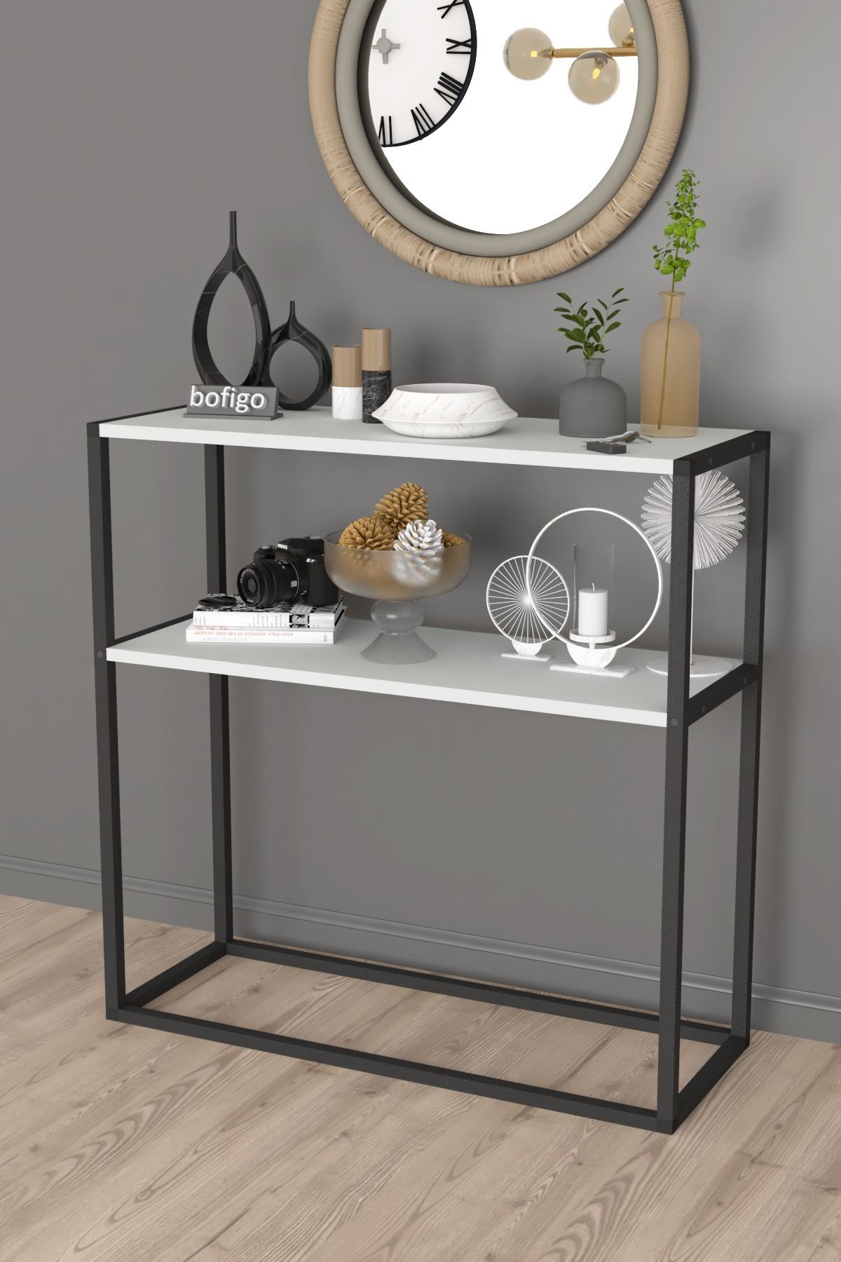 Bofigo Metal Ayaklı Dresuar Dekoratif Raflı Dresuar Konsol Metal Dresuar Tunç Beyaz