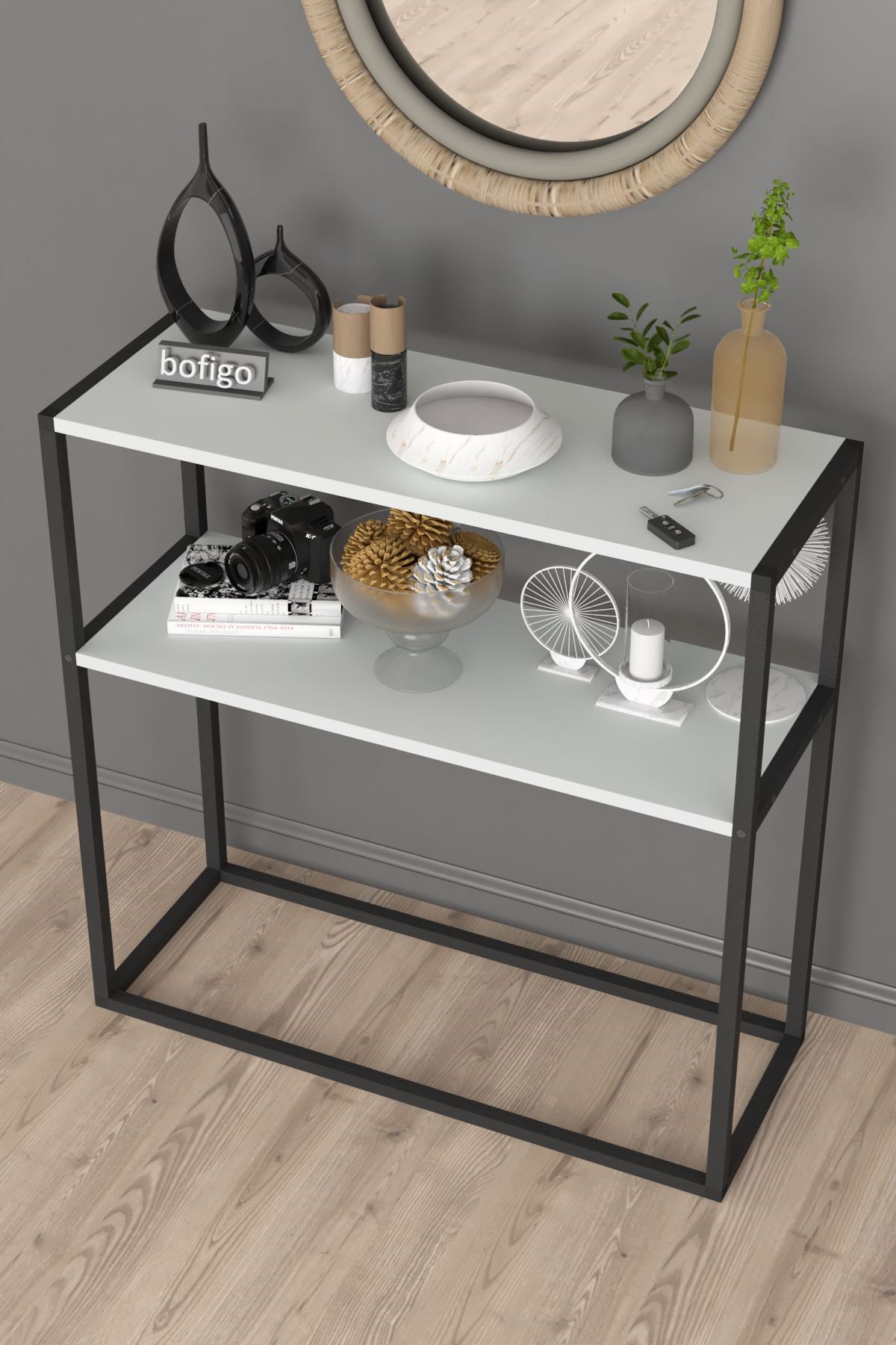 Bofigo Metal Ayaklı Dresuar Dekoratif Raflı Dresuar Konsol Metal Dresuar Tunç Beyaz