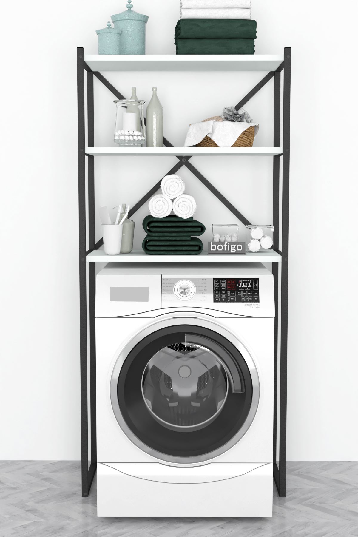 Bofigo 3 Raflı Metal Banyo Düzenleyici Metal Banyo Rafı Çamaşır Makinası Üstü Beyaz