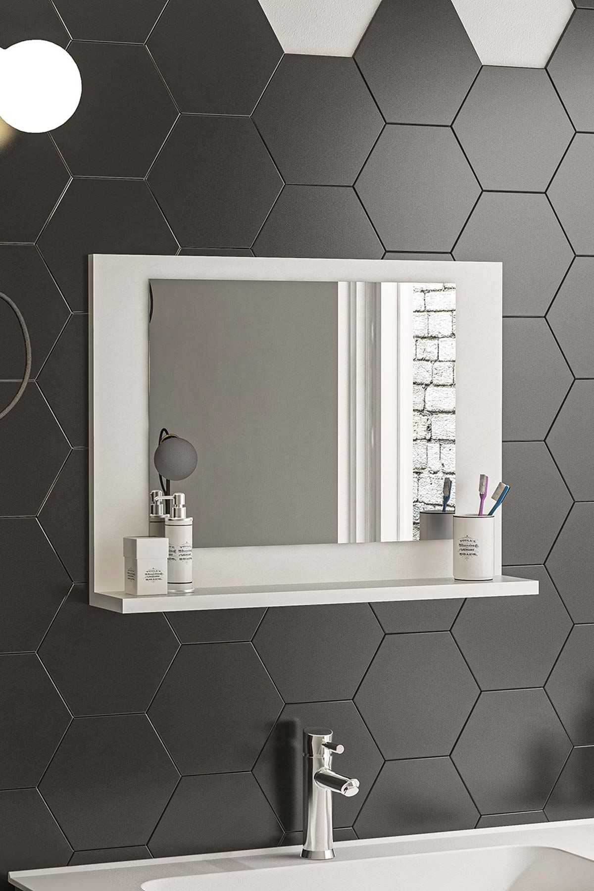 Bofigo 60x45 Cm Modena Banyo Rafı Lavabo Rafı Aynalı Raf Banyo Aynası Beyaz