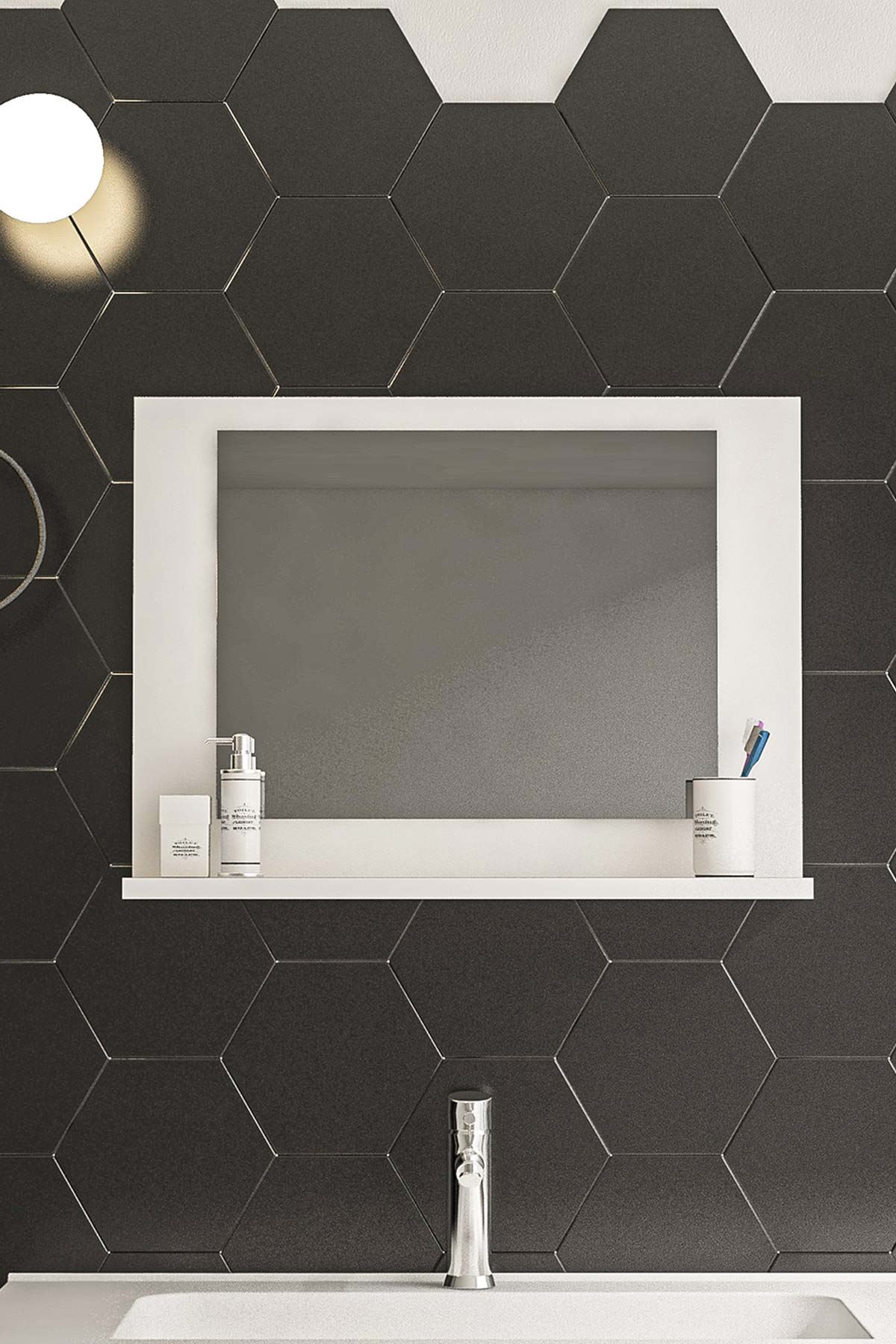 Bofigo 60x45 Cm Modena Banyo Rafı Lavabo Rafı Aynalı Raf Banyo Aynası Beyaz