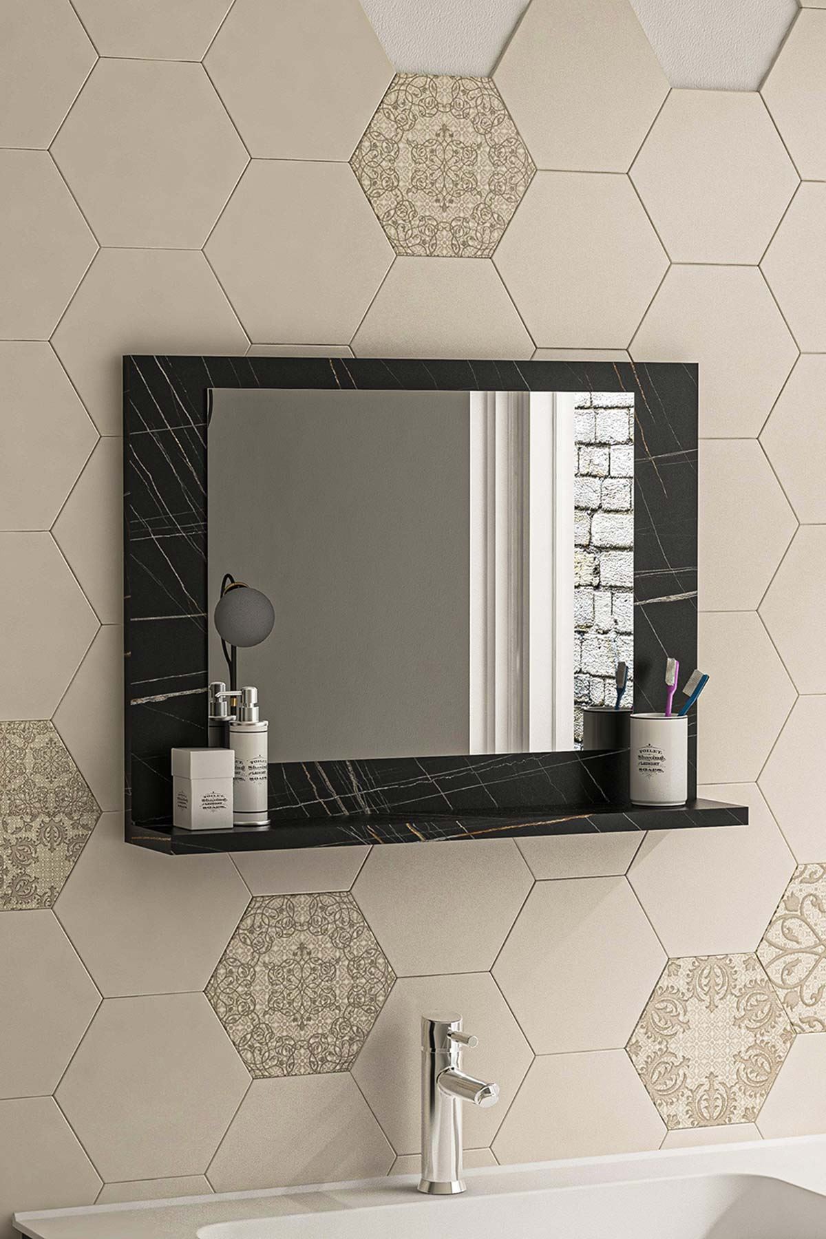 Bofigo 60x45 Cm Modena Banyo Rafı Lavabo Rafı Aynalı Raf Banyo Aynası Bendir