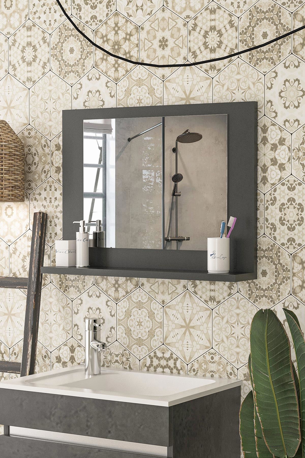 Bofigo 60x45 Cm Modena Banyo Rafı Lavabo Rafı Aynalı Raf Banyo Aynası Antrasit