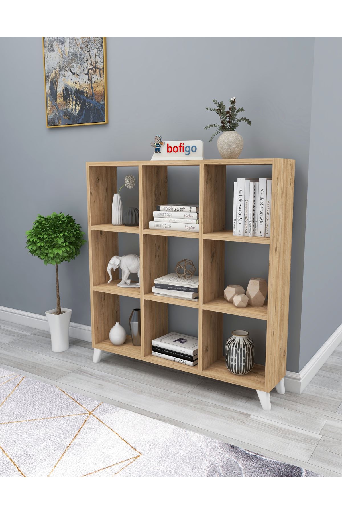 Bofigo Cube Bookshelf with 9 Sections and Shelves Square Bookcase Library Pine