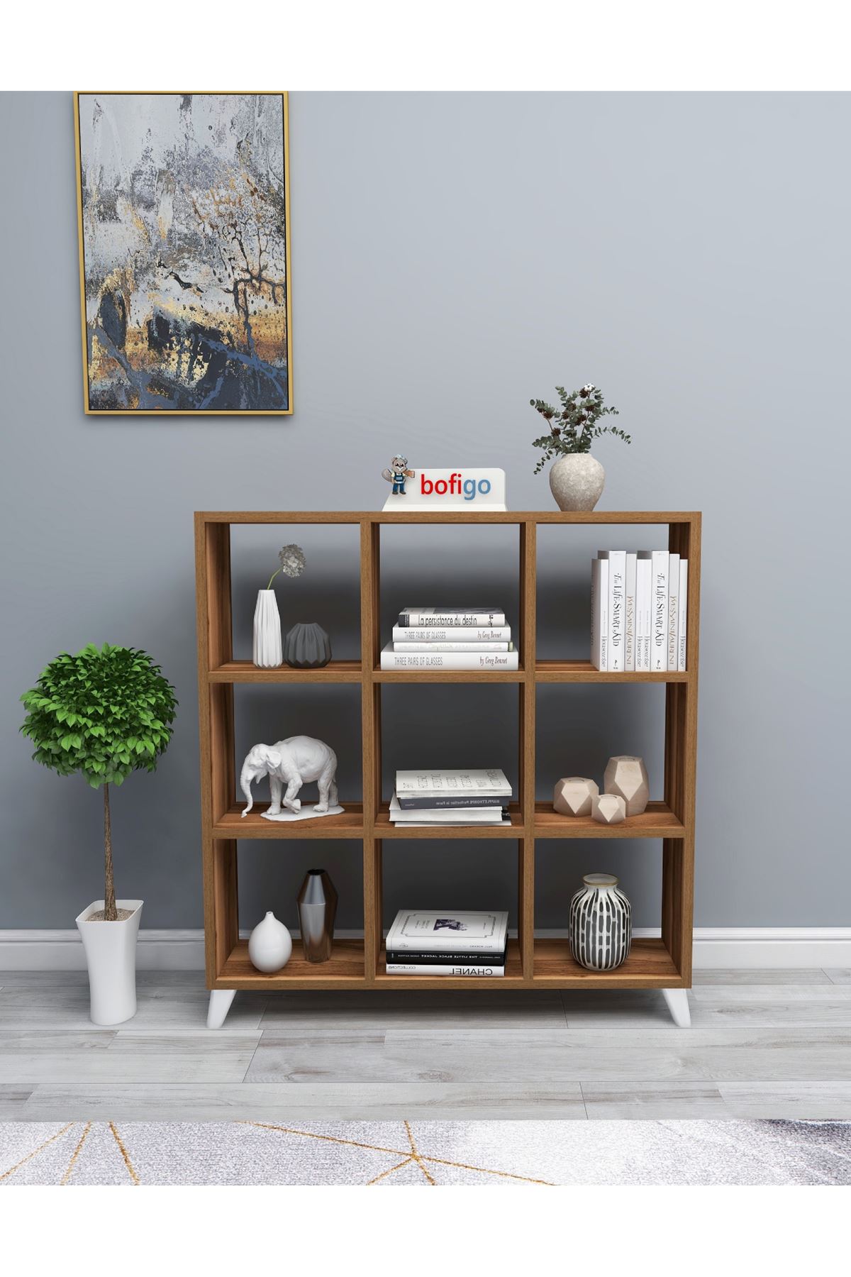Bofigo Cube Bookshelf with 9 Sections and Shelves Square Bookcase Library Walnut