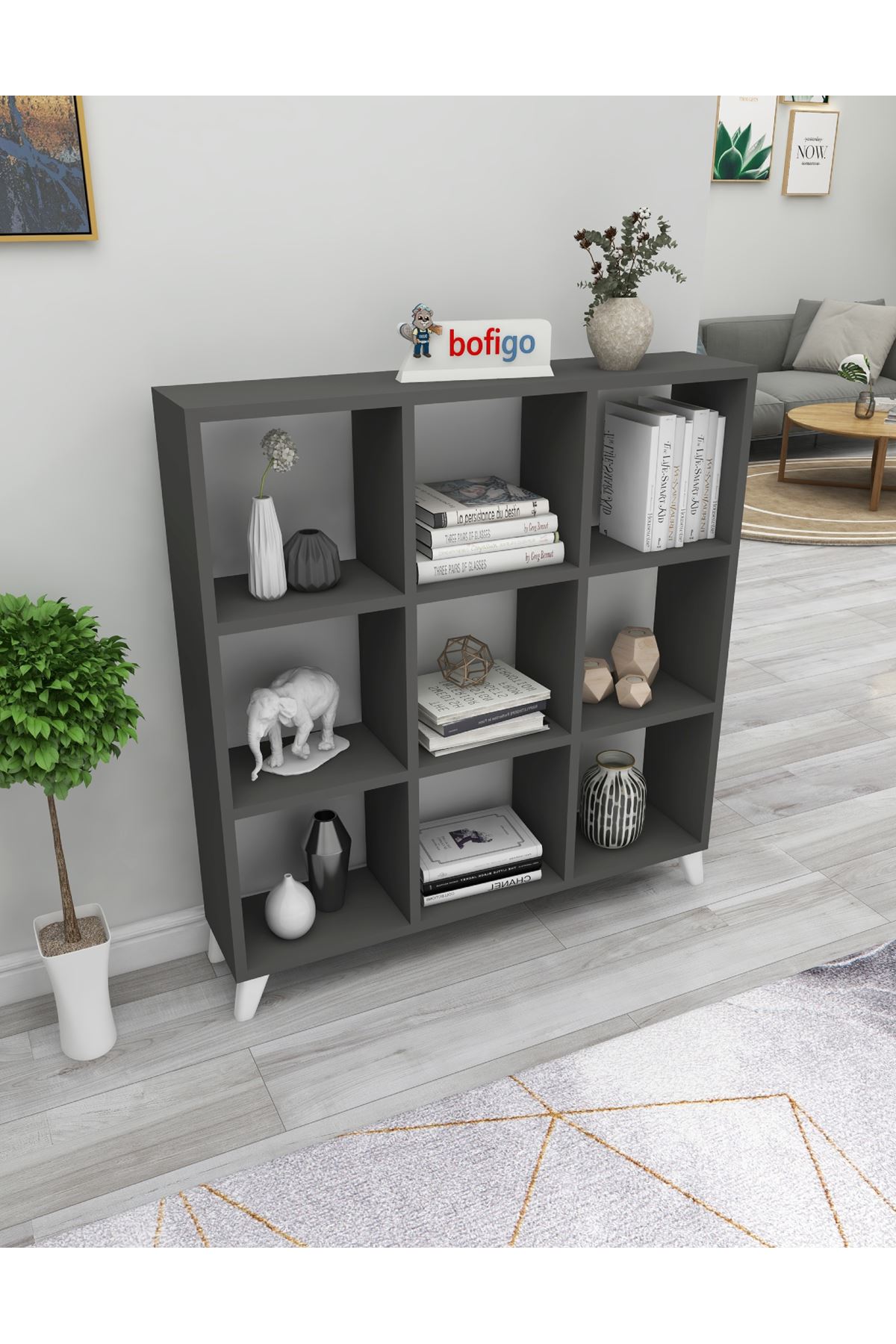 Bofigo Cube Bookshelf with 9 Sections and Shelves Square Bookcase Library Anthracite