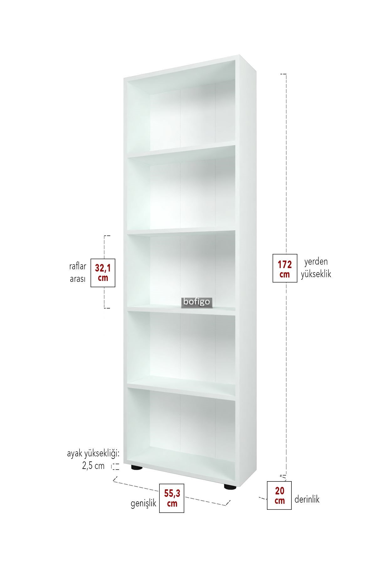 Bofigo Dekoratif 5 Raflı Kitaplık Modern Kitaplık Çınar Beyaz