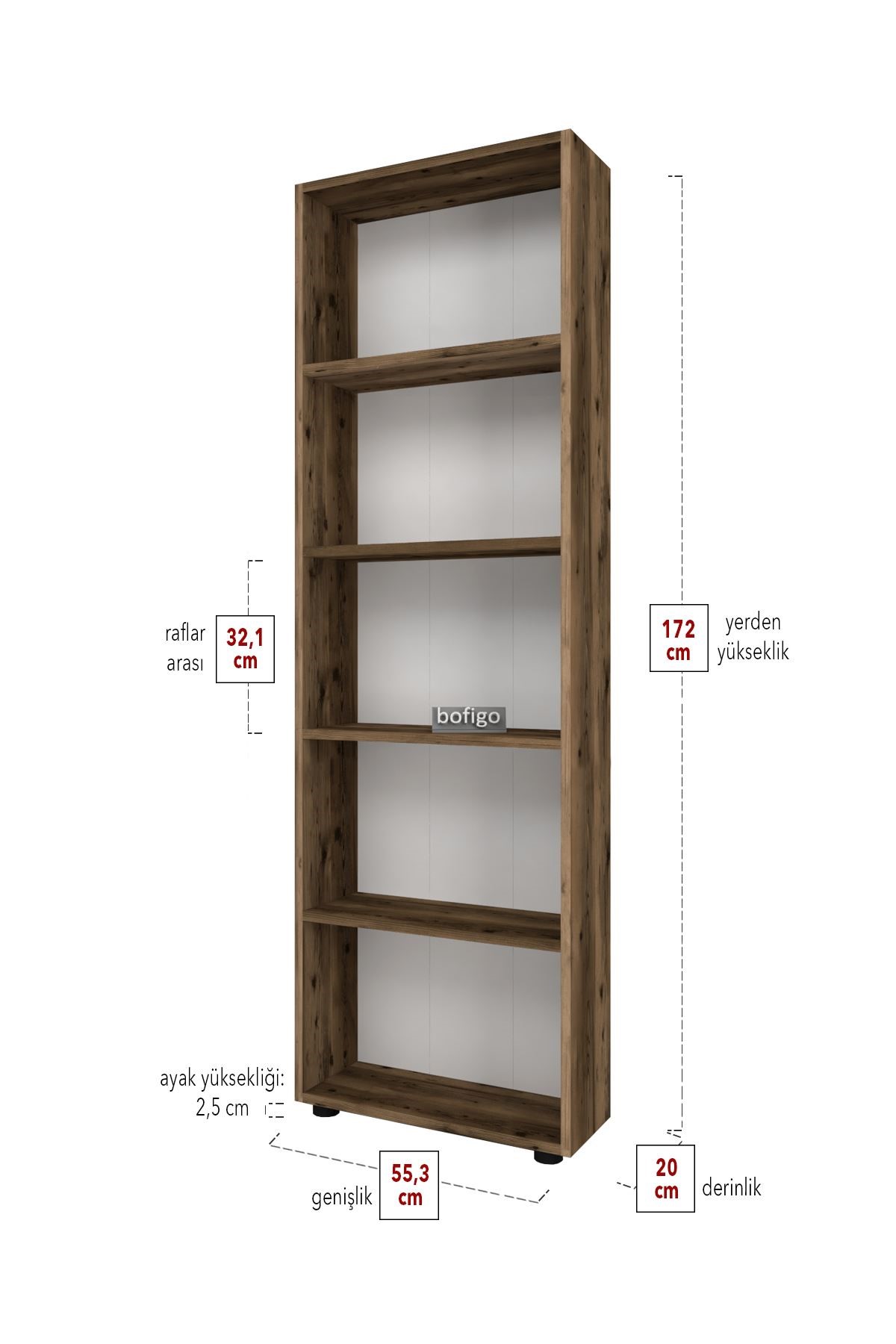 Bofigo Dekoratif 5 Raflı Kitaplık Modern Kitaplık Çınar Lidya