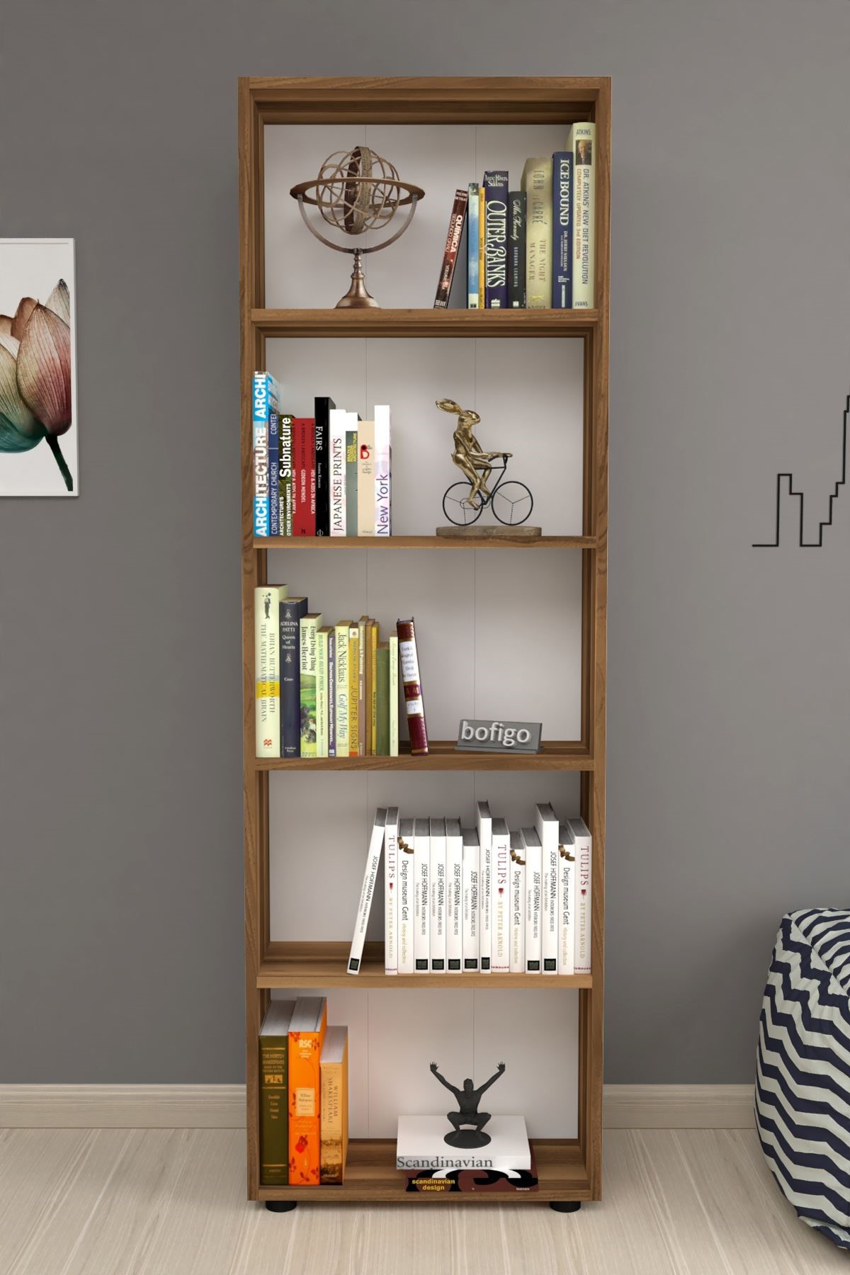 Bofigo Dekoratif 5 Raflı Kitaplık Modern Kitaplık Çınar Ceviz