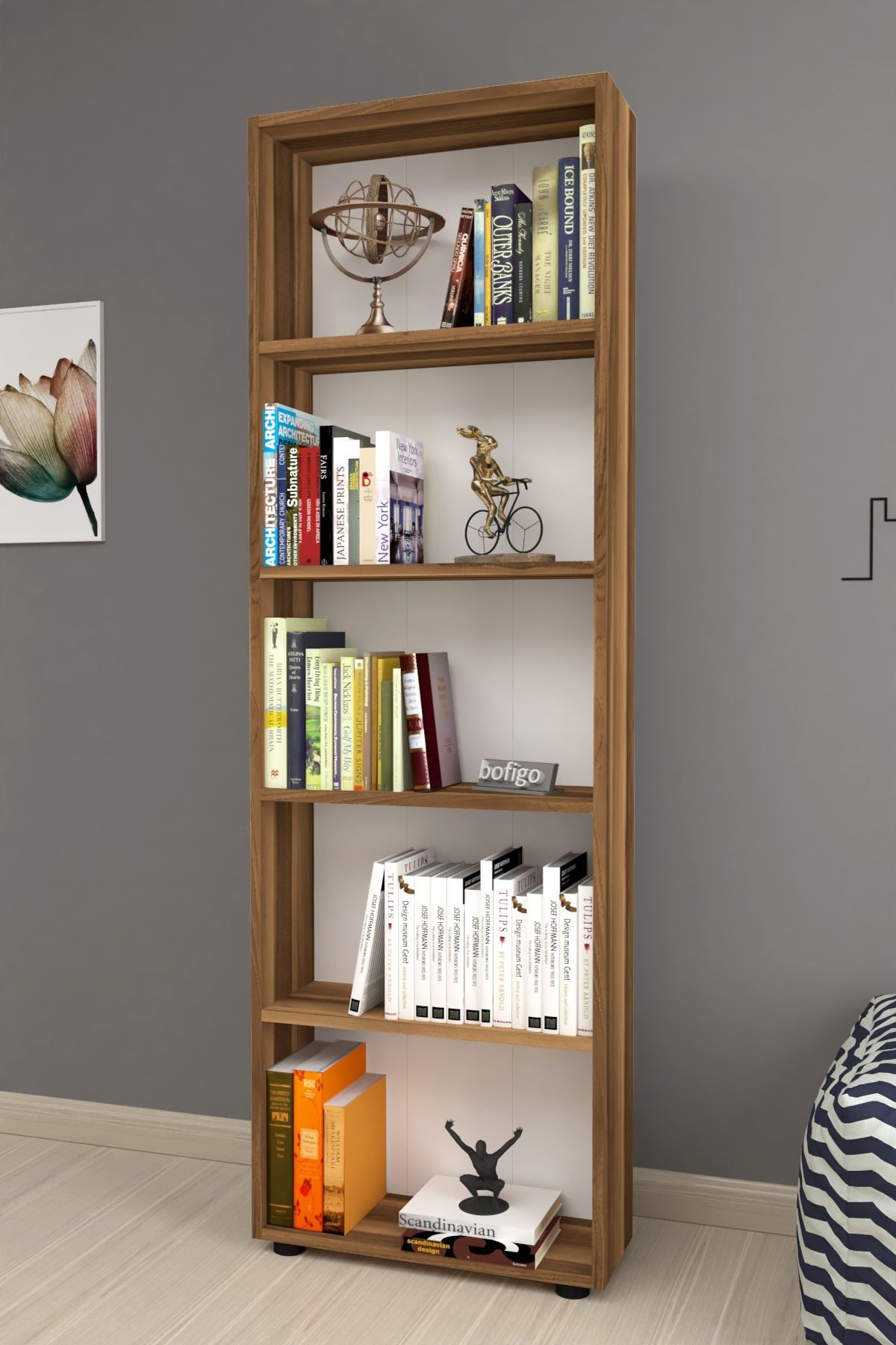 Bofigo Dekoratif 5 Raflı Kitaplık Modern Kitaplık Çınar Ceviz