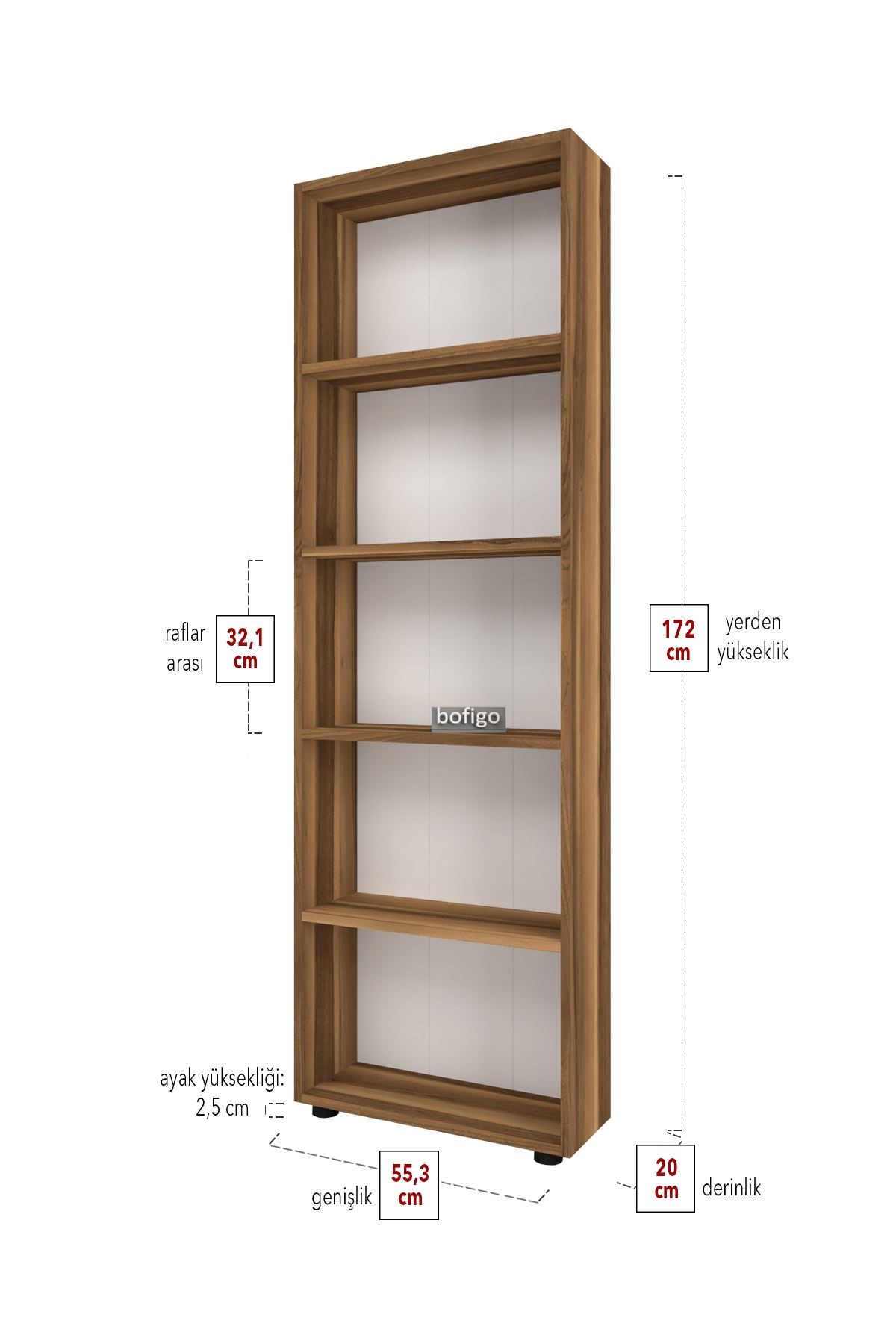 Bofigo Dekoratif 5 Raflı Kitaplık Modern Kitaplık Çınar Ceviz