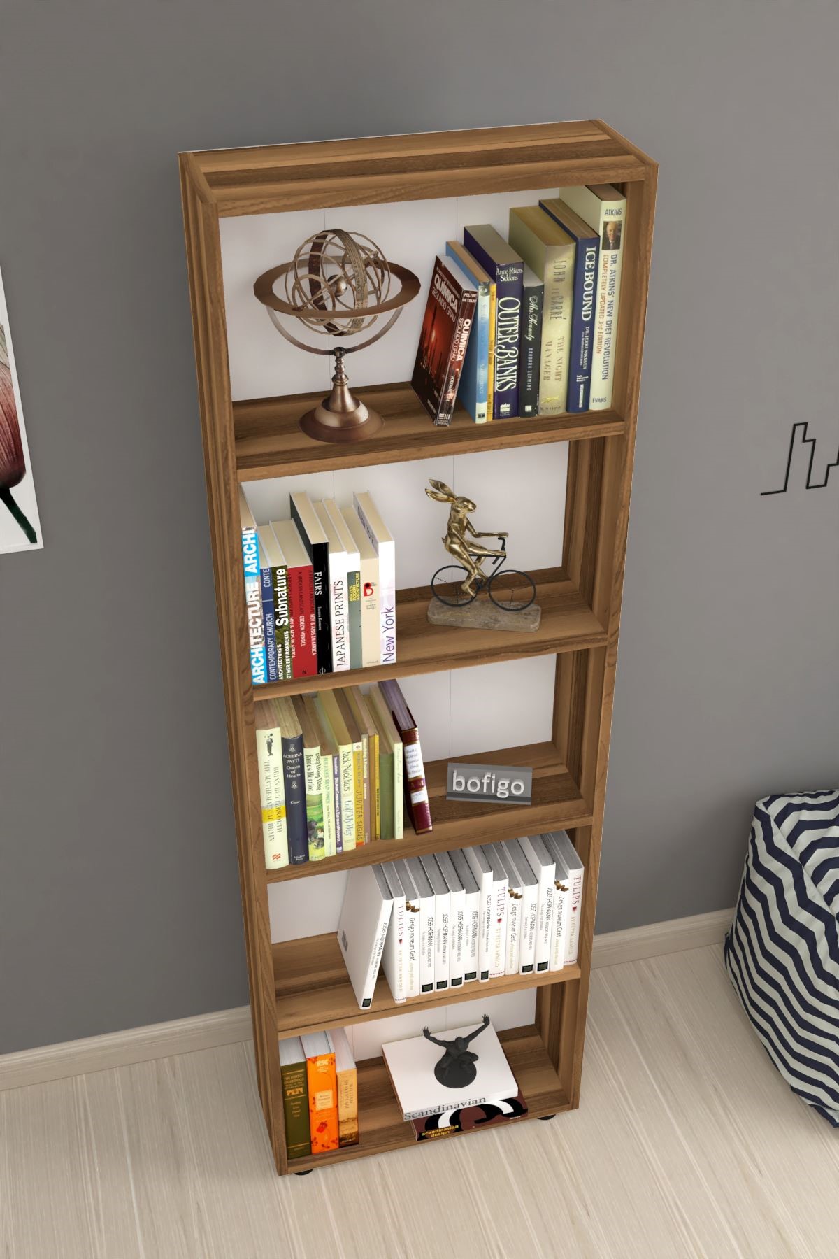 Bofigo Dekoratif 5 Raflı Kitaplık Modern Kitaplık Çınar Ceviz
