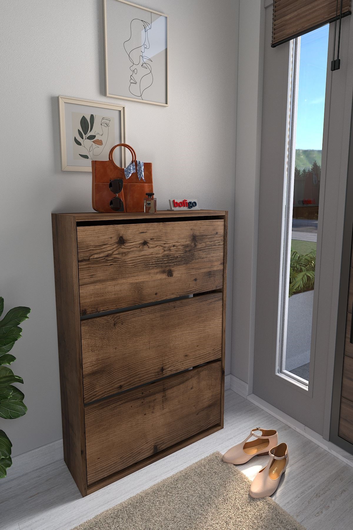 Bofigo Düşer Kapak Ayakkabılık Kayar Raflı Ayakkabılık 3 Bölmeli Ayakkabılık Melek Lidya