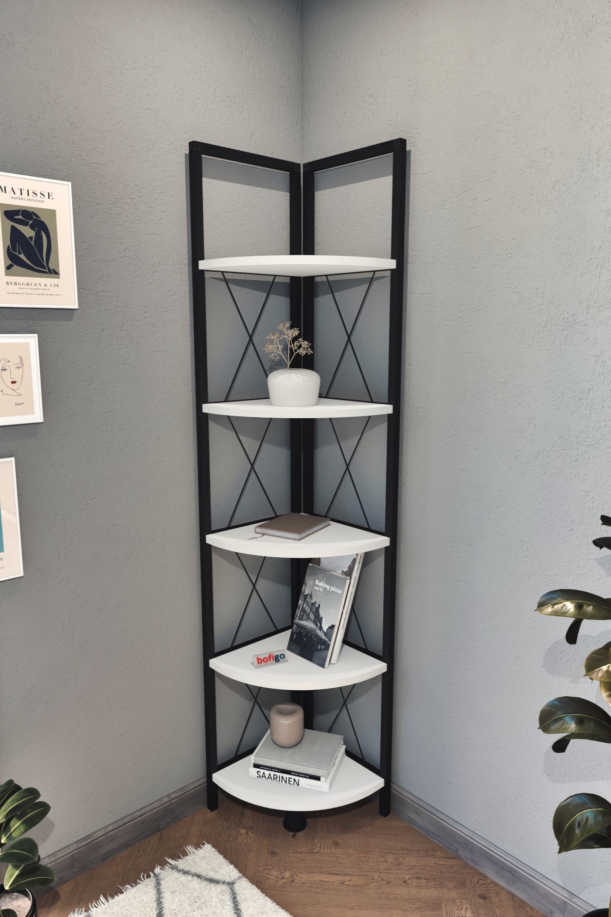 Bofigo 5 Raflı Metal Köşe Kitaplık Rafı Dekoratif Aksesuar Rafı Halikarnas Beyaz