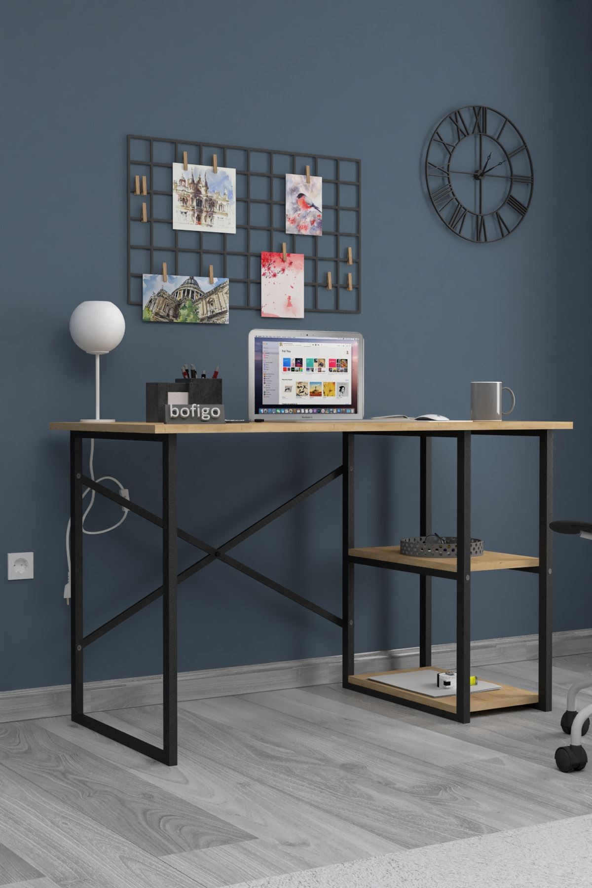 Bofigo 60x120 cm 2 Raflı Çalışma Masası Bilgisayar Masası Ofis Ders Yemek Masası Kafka Safir Meşe