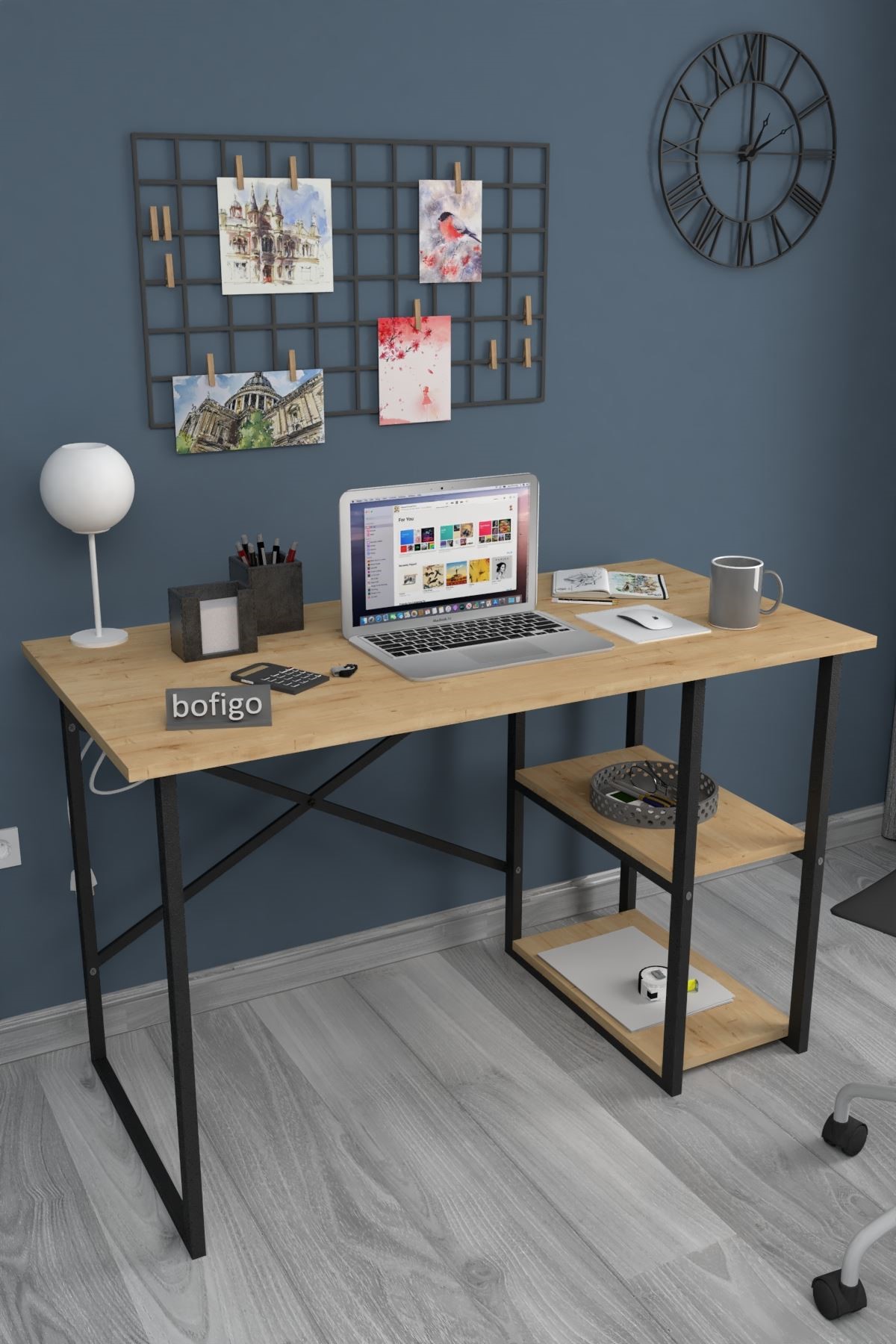 Bofigo 60x120 cm 2 Raflı Çalışma Masası Bilgisayar Masası Ofis Ders Yemek Masası Kafka Safir Meşe