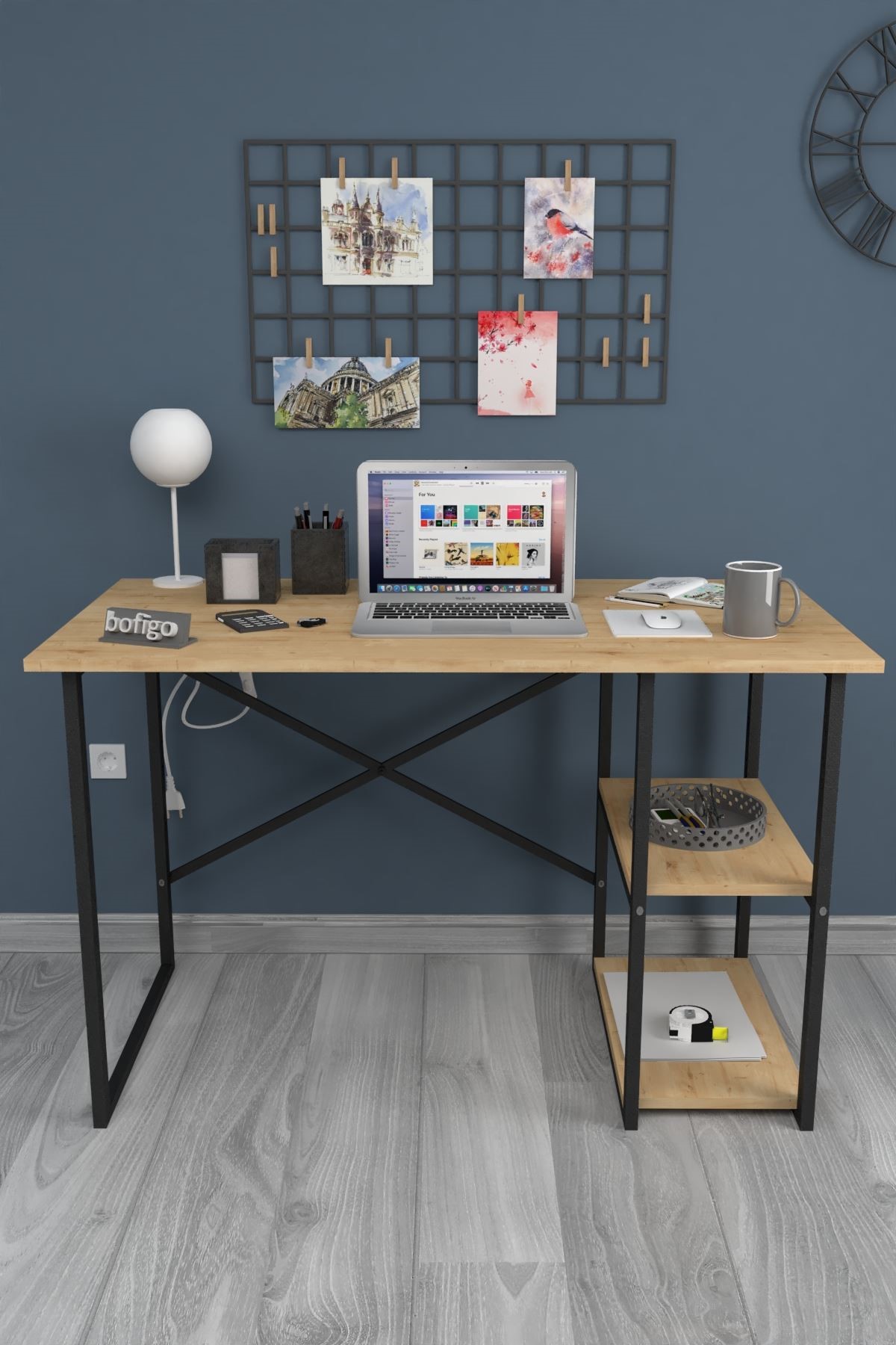 Bofigo 60x120 cm 2 Raflı Çalışma Masası Bilgisayar Masası Ofis Ders Yemek Masası Kafka Safir Meşe