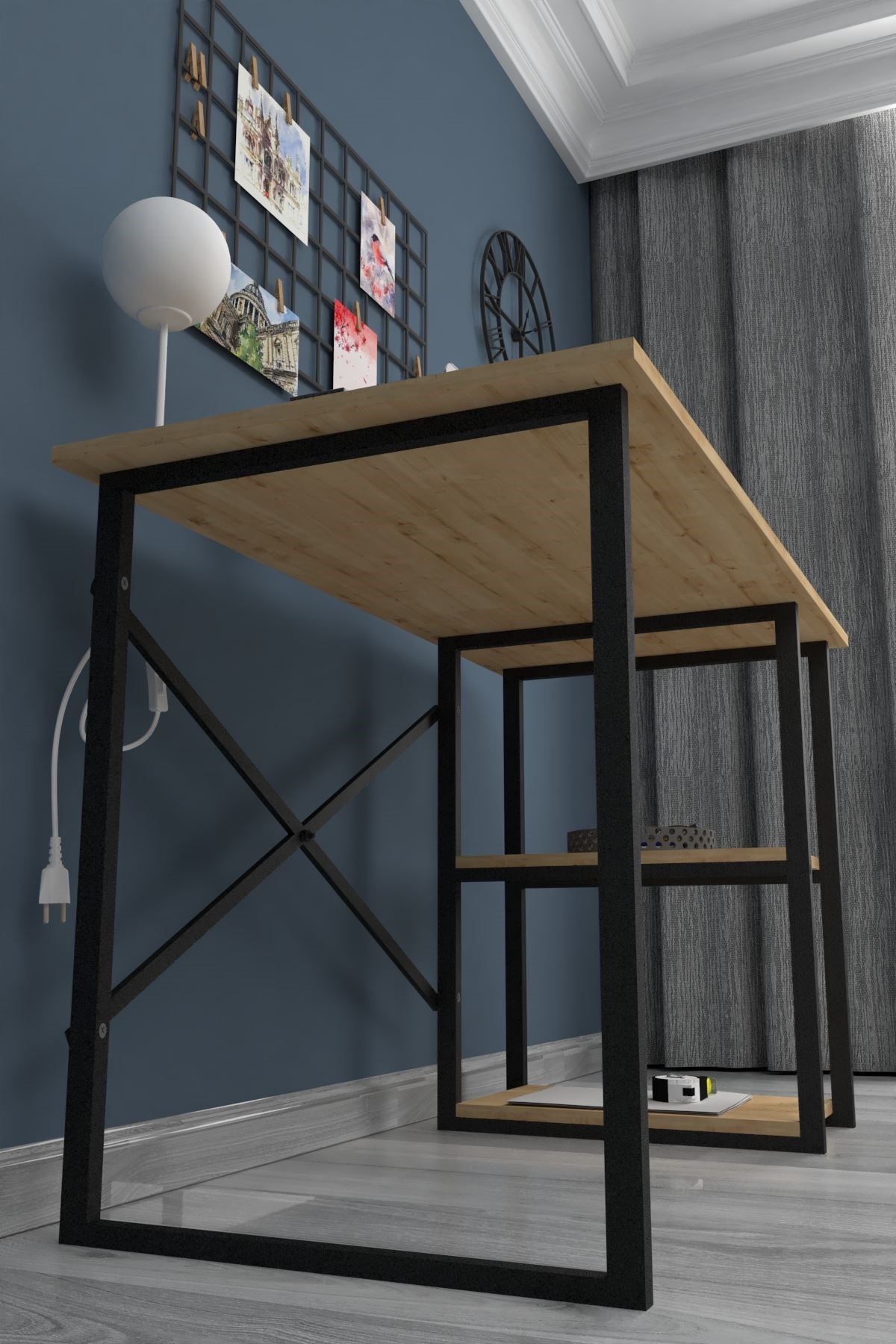 Bofigo 60x120 cm 2 Raflı Çalışma Masası Bilgisayar Masası Ofis Ders Yemek Masası Kafka Safir Meşe