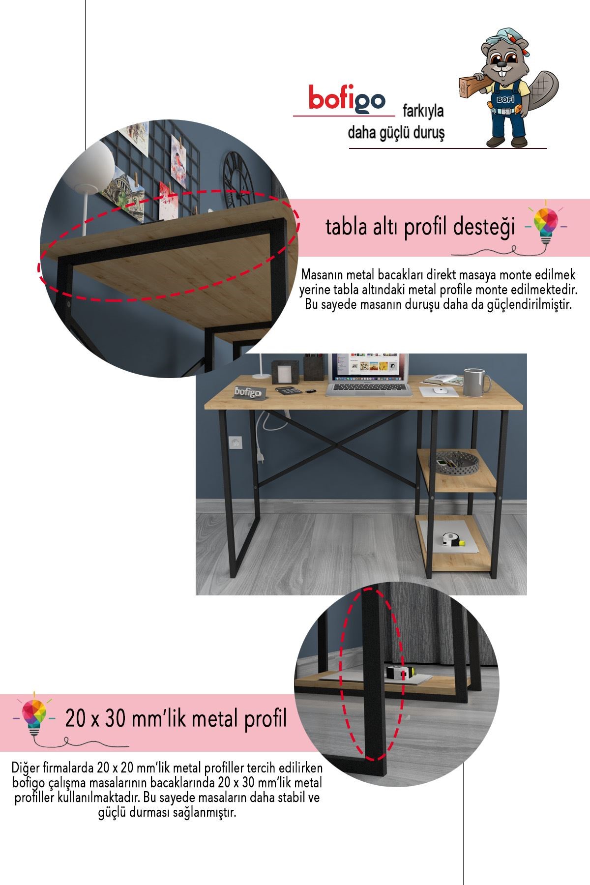 Bofigo 60x120 cm 2 Raflı Çalışma Masası Bilgisayar Masası Ofis Ders Yemek Masası Kafka Safir Meşe