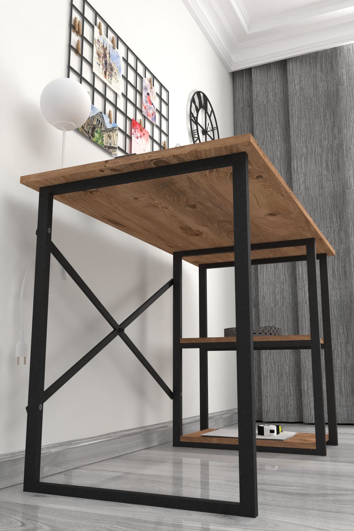 20-02-07 60x120 Cm 2 Shelves Metal Study Desk PINE