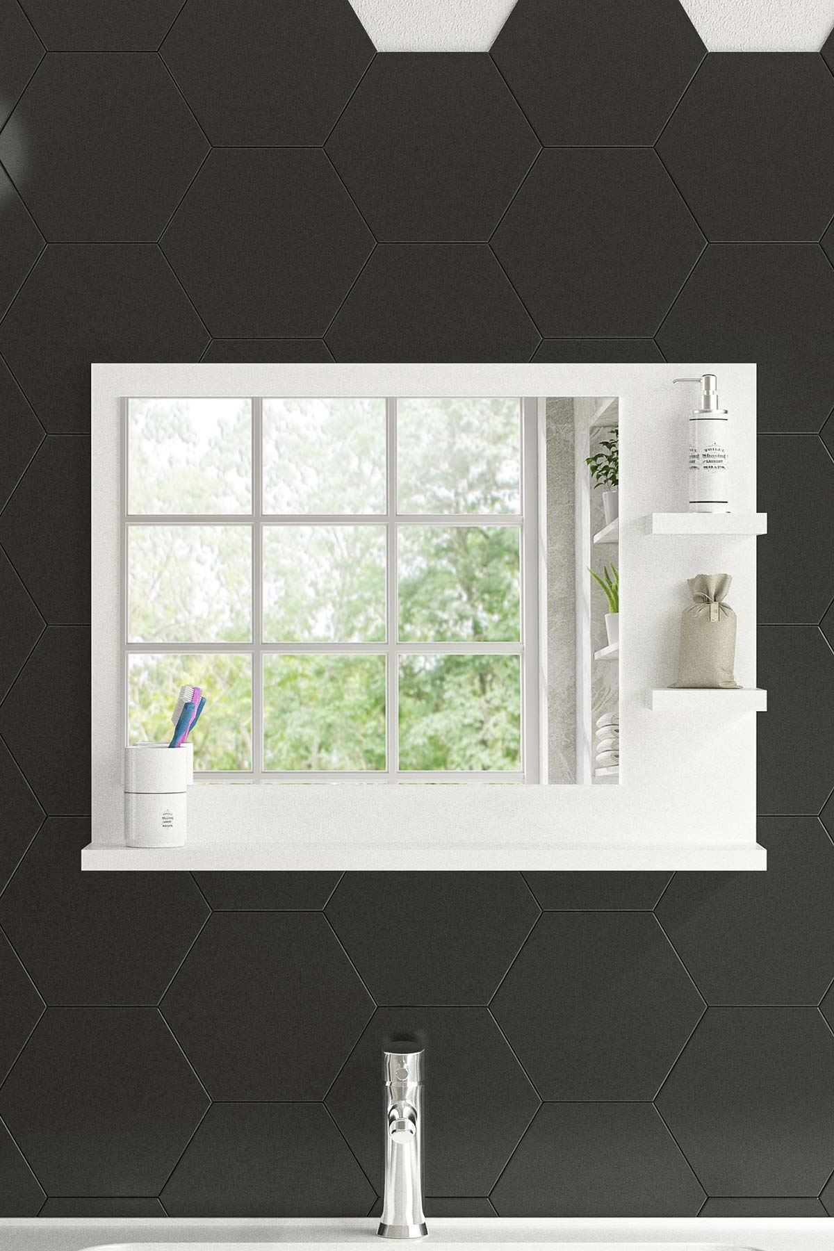 Bofigo 60x45 Cm Genova Banyo Rafı Lavabo Rafı Aynalı Raf Banyo Aynası Beyaz