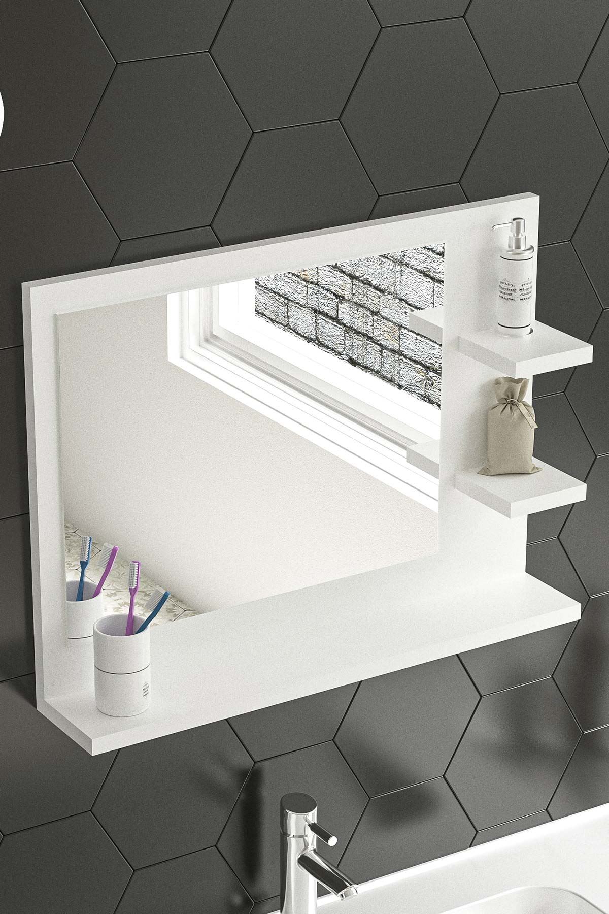 Bofigo 60x45 Cm Genova Banyo Rafı Lavabo Rafı Aynalı Raf Banyo Aynası Beyaz