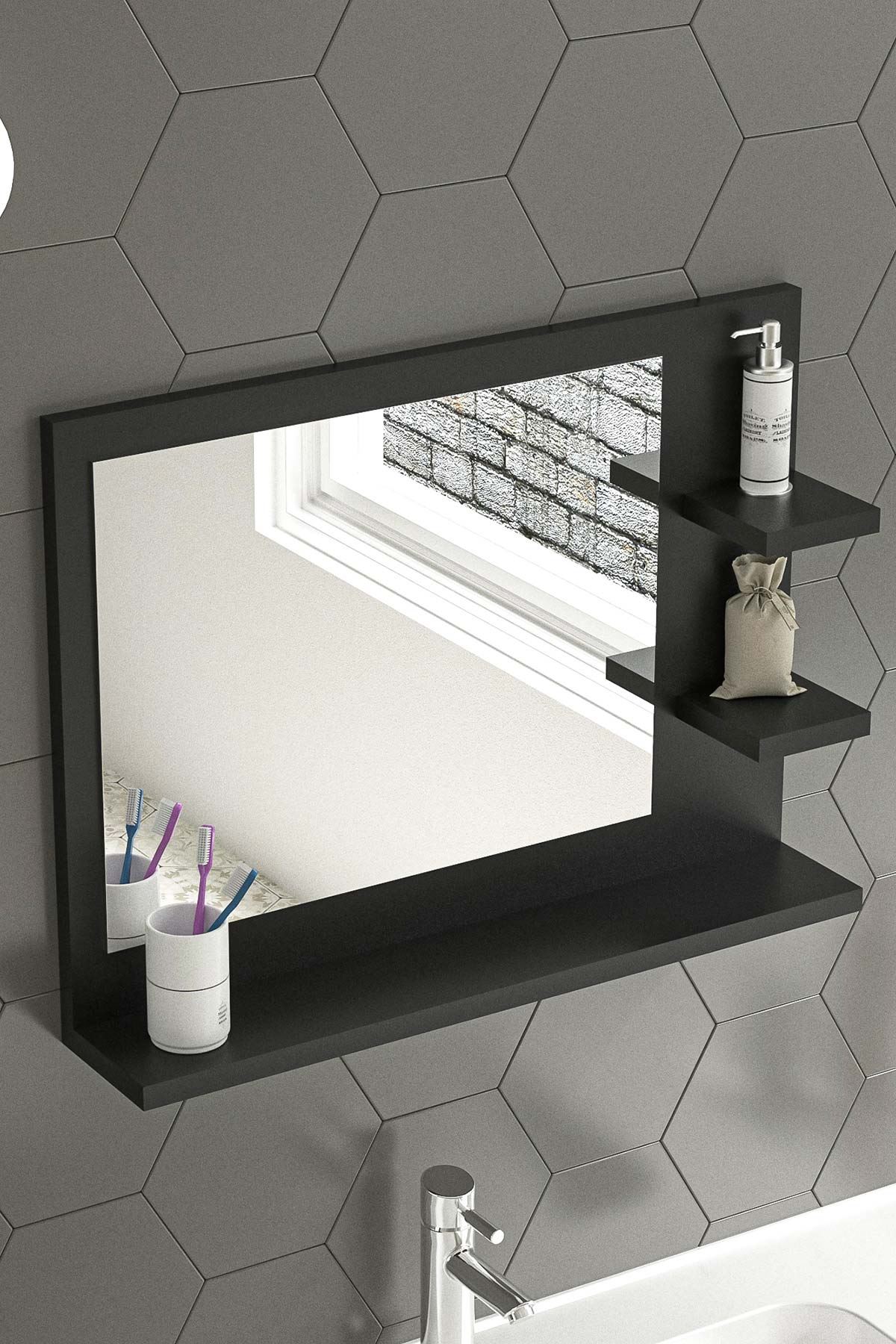 Bofigo 60x45 Cm Genova Banyo Rafı Lavabo Rafı Aynalı Raf Banyo Aynası Antrasit