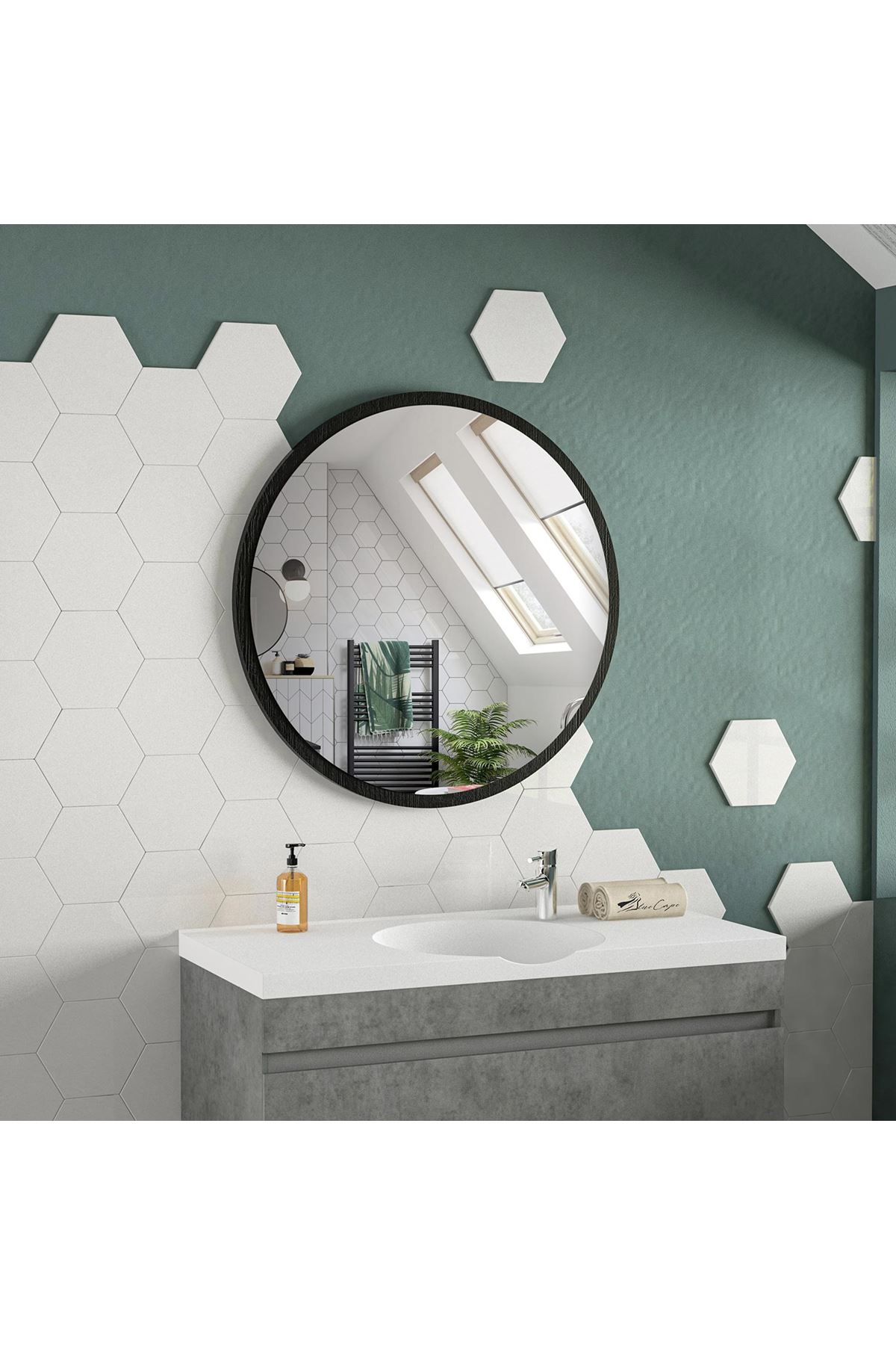 Bofigo 60 Cm Porto Banyo Aynası Dekoratif Lavabo Aynası Yuvarlak Ayna Siyah