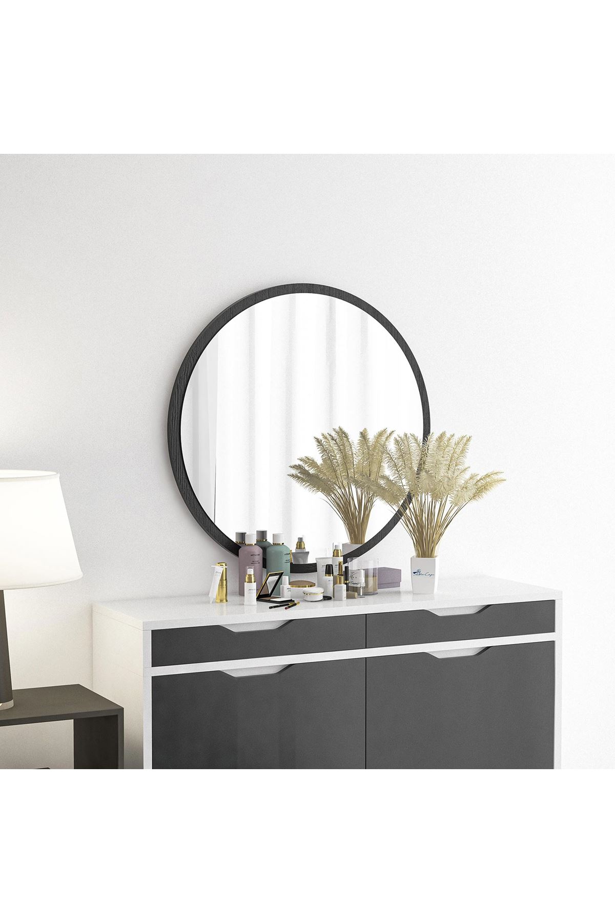 Bofigo 60 Cm Porto Banyo Aynası Dekoratif Lavabo Aynası Yuvarlak Ayna Siyah