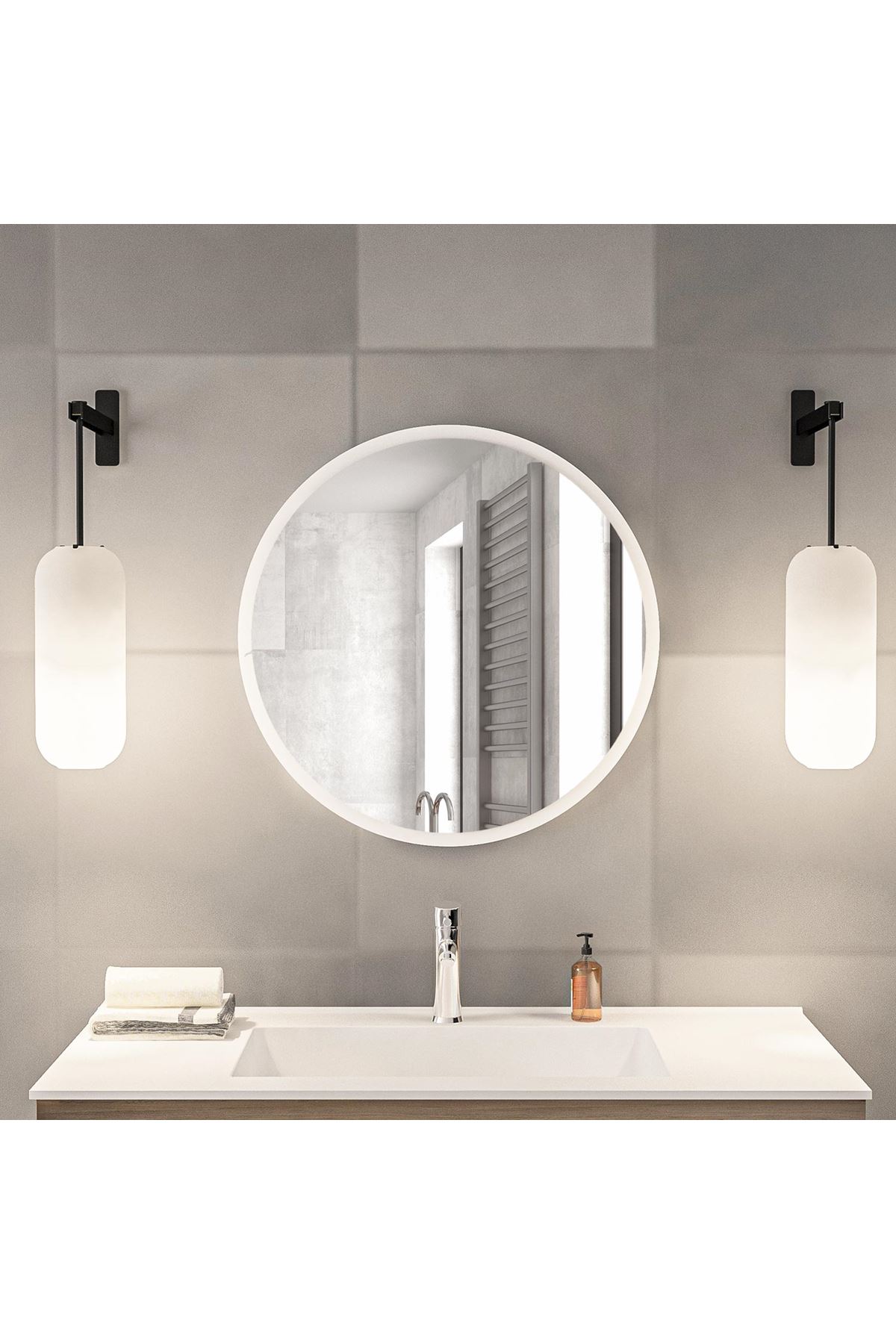 Bofigo 60 Cm Porto Banyo Aynası Dekoratif Lavabo Aynası Yuvarlak Ayna Beyaz