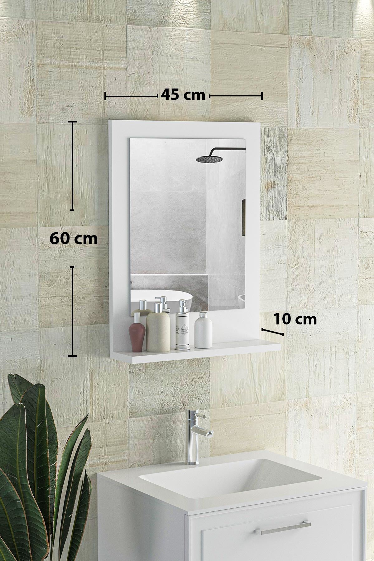 Bofigo 45x60 Cm Verona Banyo Rafı Lavabo Rafı Aynalı Raf Banyo Aynası Beyaz