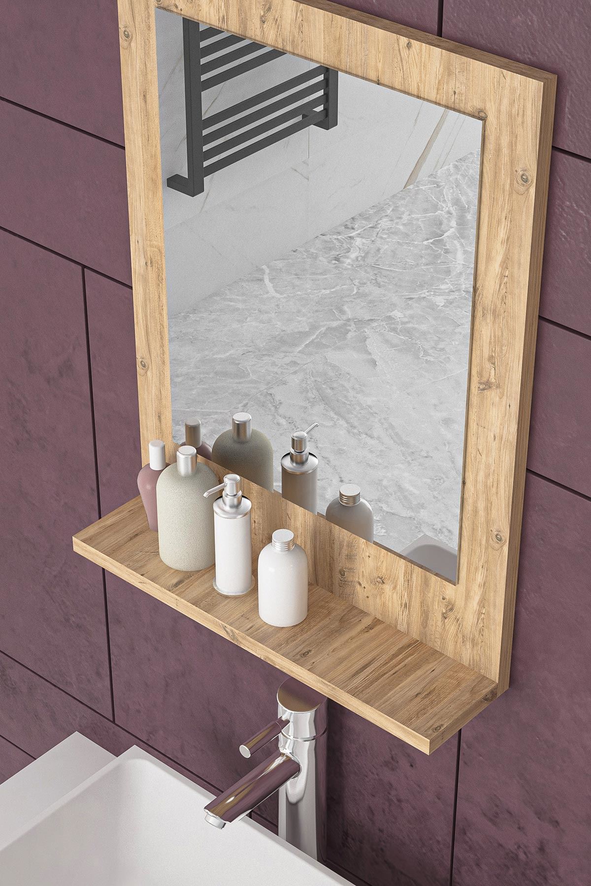 Bofigo 45x60 Cm Verona Banyo Rafı Lavabo Rafı Aynalı Raf Banyo Aynası Çam