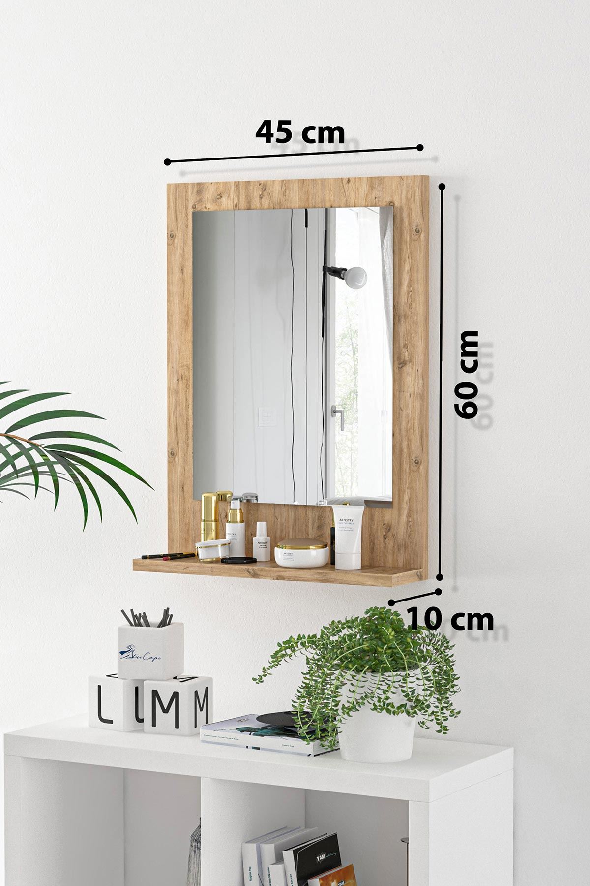 Bofigo 45x60 Cm Verona Banyo Rafı Lavabo Rafı Aynalı Raf Banyo Aynası Çam