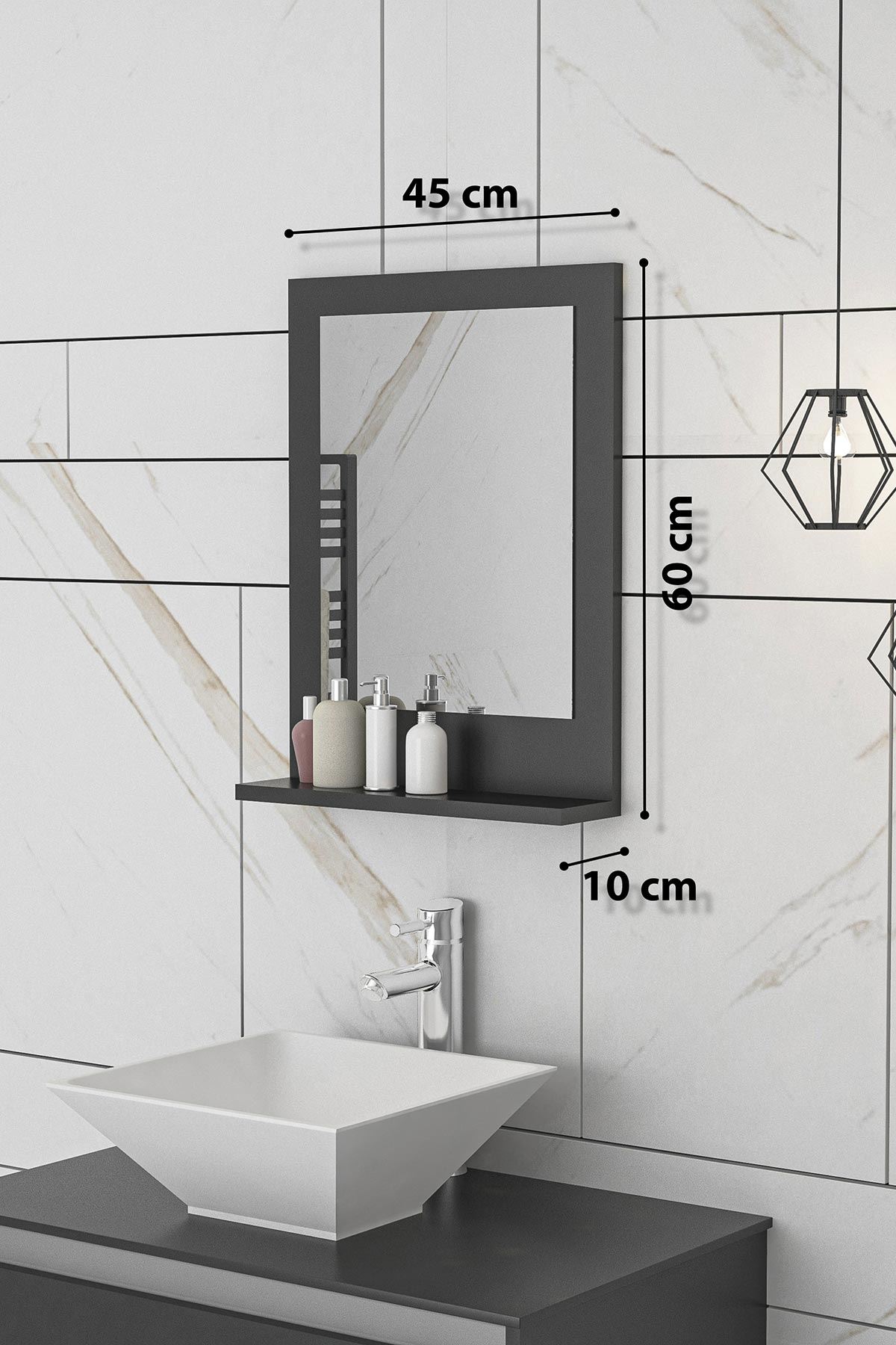Bofigo 45x60 Cm Verona Banyo Rafı Lavabo Rafı Aynalı Raf Banyo Aynası Antrasit
