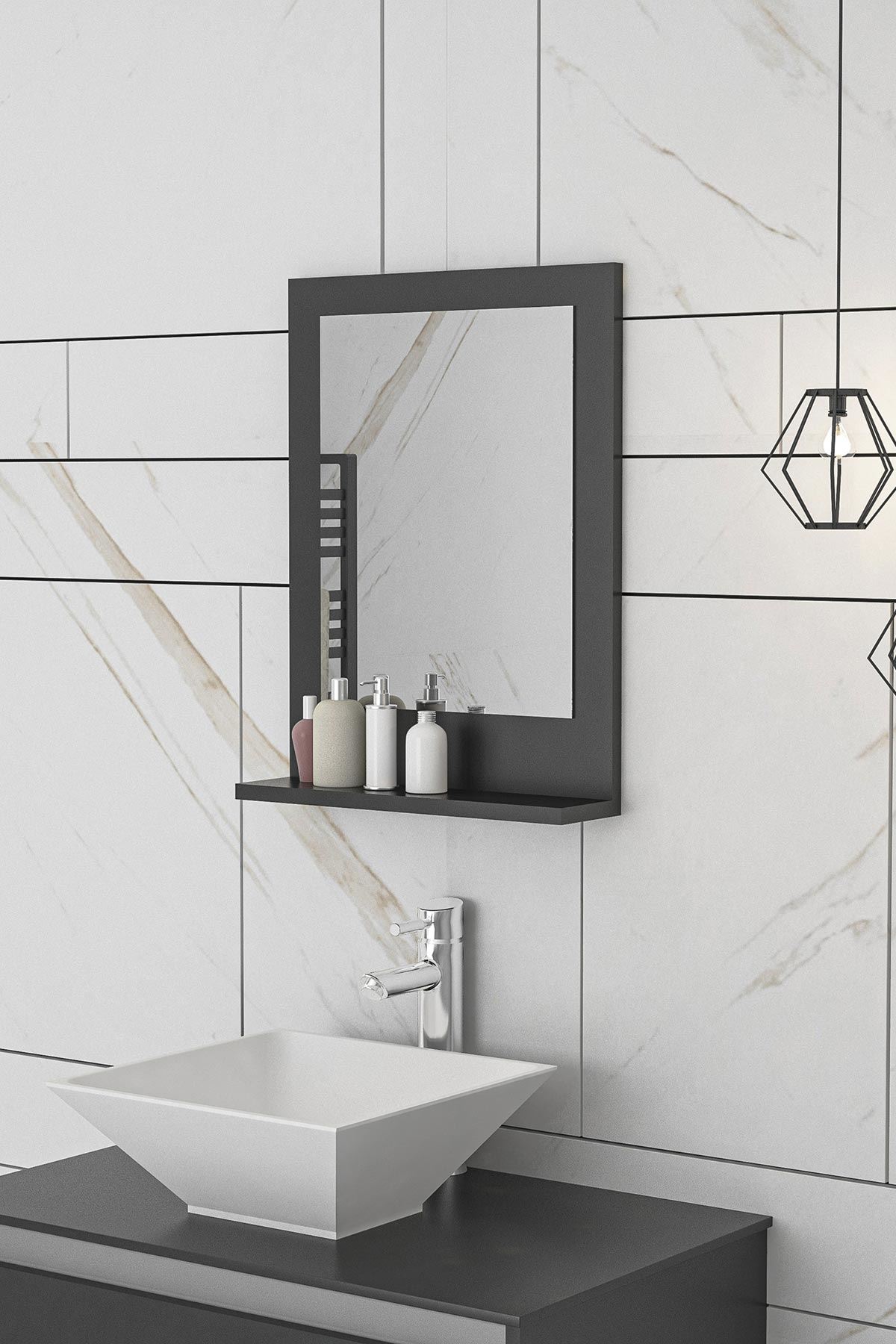 Bofigo 45x60 Cm Verona Banyo Rafı Lavabo Rafı Aynalı Raf Banyo Aynası Antrasit