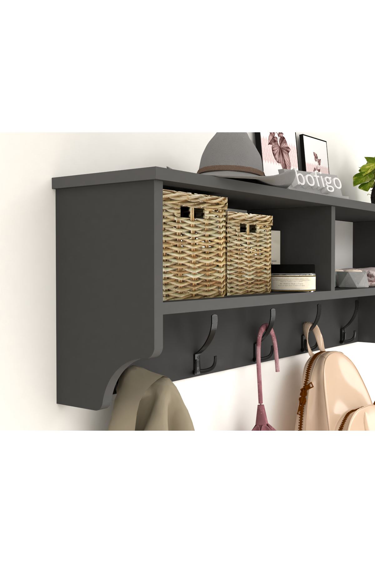Bofigo Portmanto Duvar Askılığı Elbise Askılığı Raflı Duvar Askılığı 120 Cm Nova Antrasit