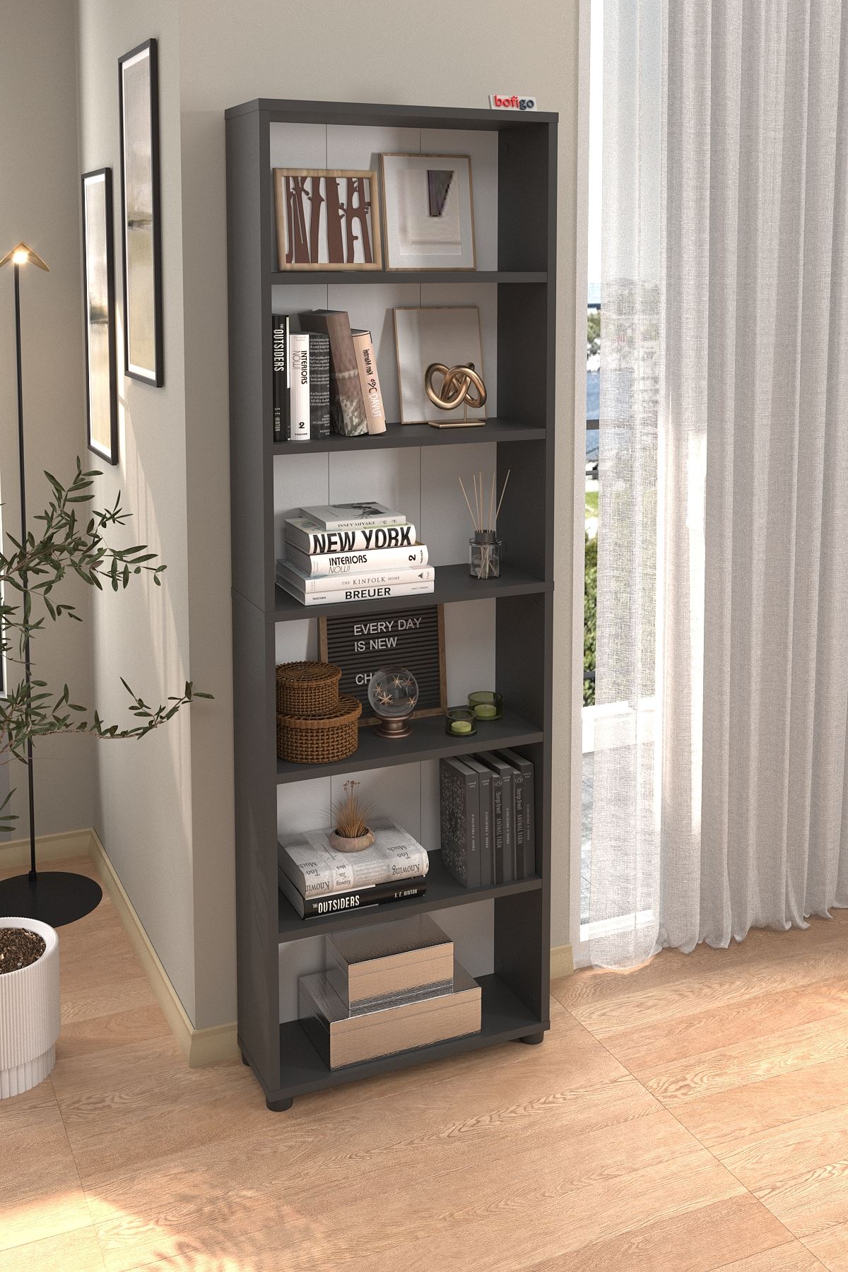 Bofigo 6 Raflı Kitaplık Dekoratif Kitaplık Modern Kitaplık Poyraz Antrasit
