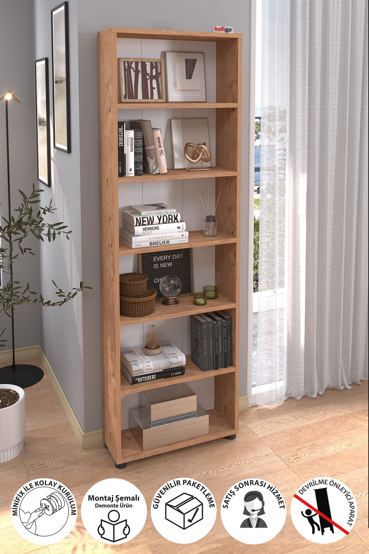 Bofigo 6 Raflı Kitaplık Dekoratif Kitaplık Modern Kitaplık Poyraz Çam