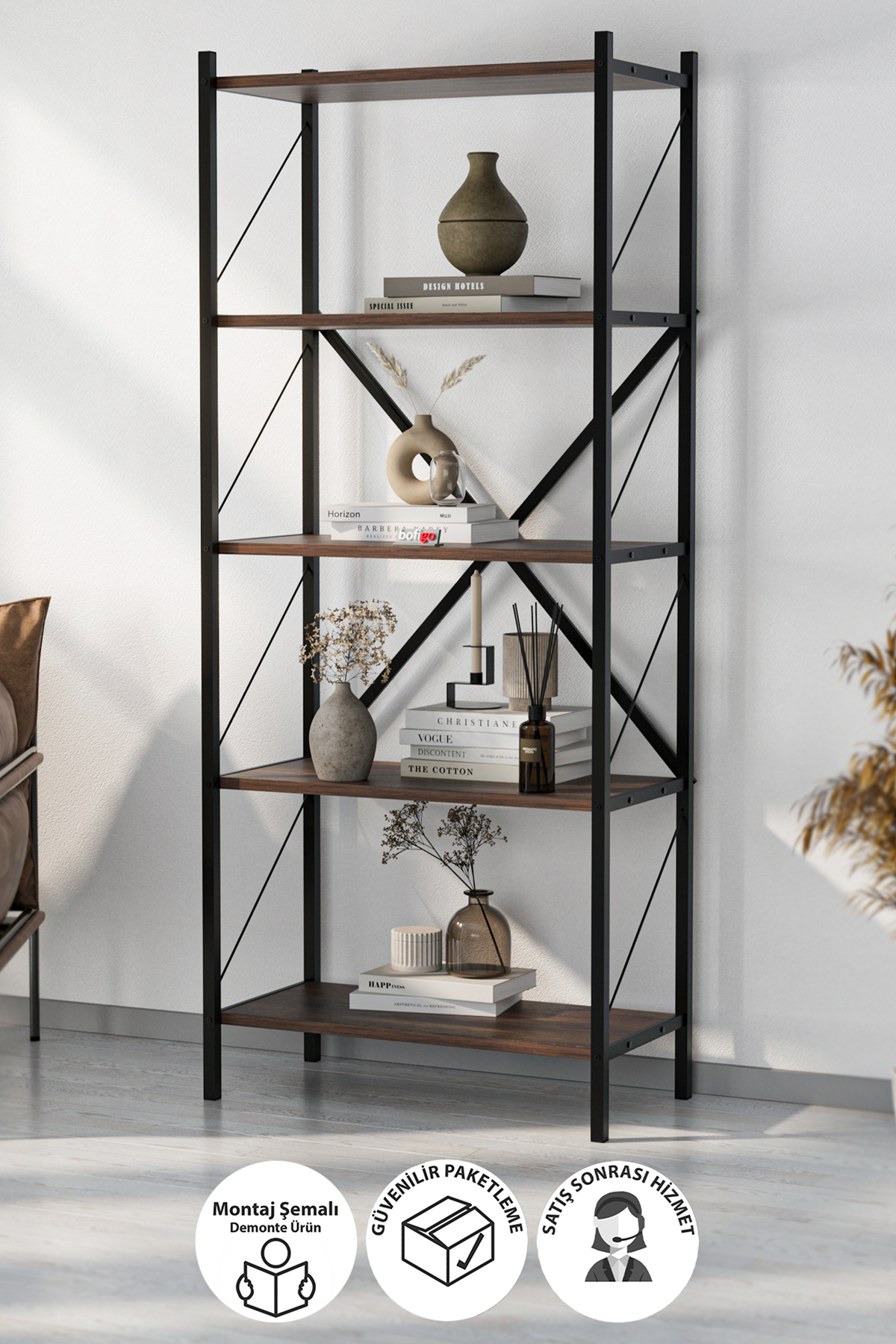 Bofigo Dekoratif 5 Raflı Kitaplık Metal Kitaplık Agora Mars