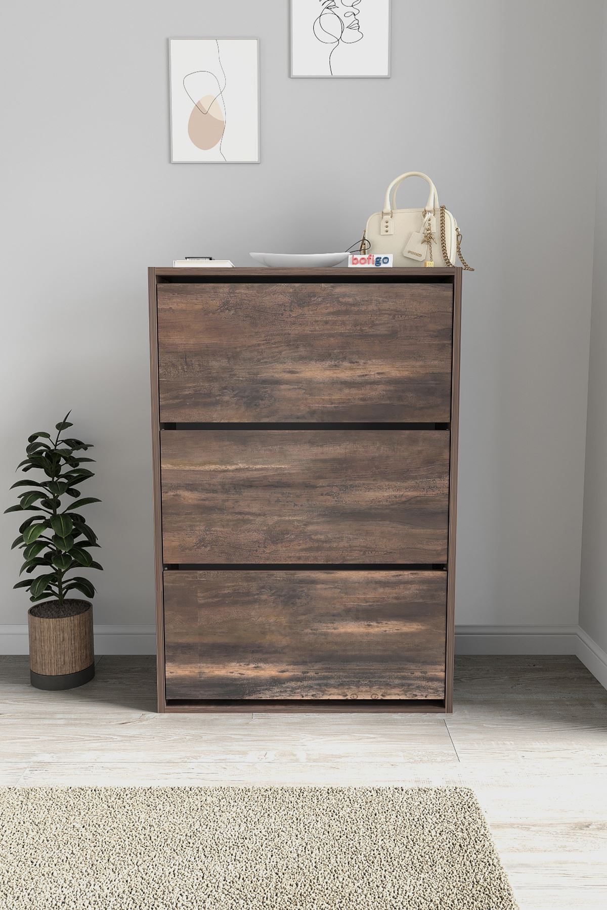 Bofigo Düşer Kapak Ayakkabılık Kayar Raflı Ayakkabılık 3 Bölmeli Ayakkabılık Melek Mars