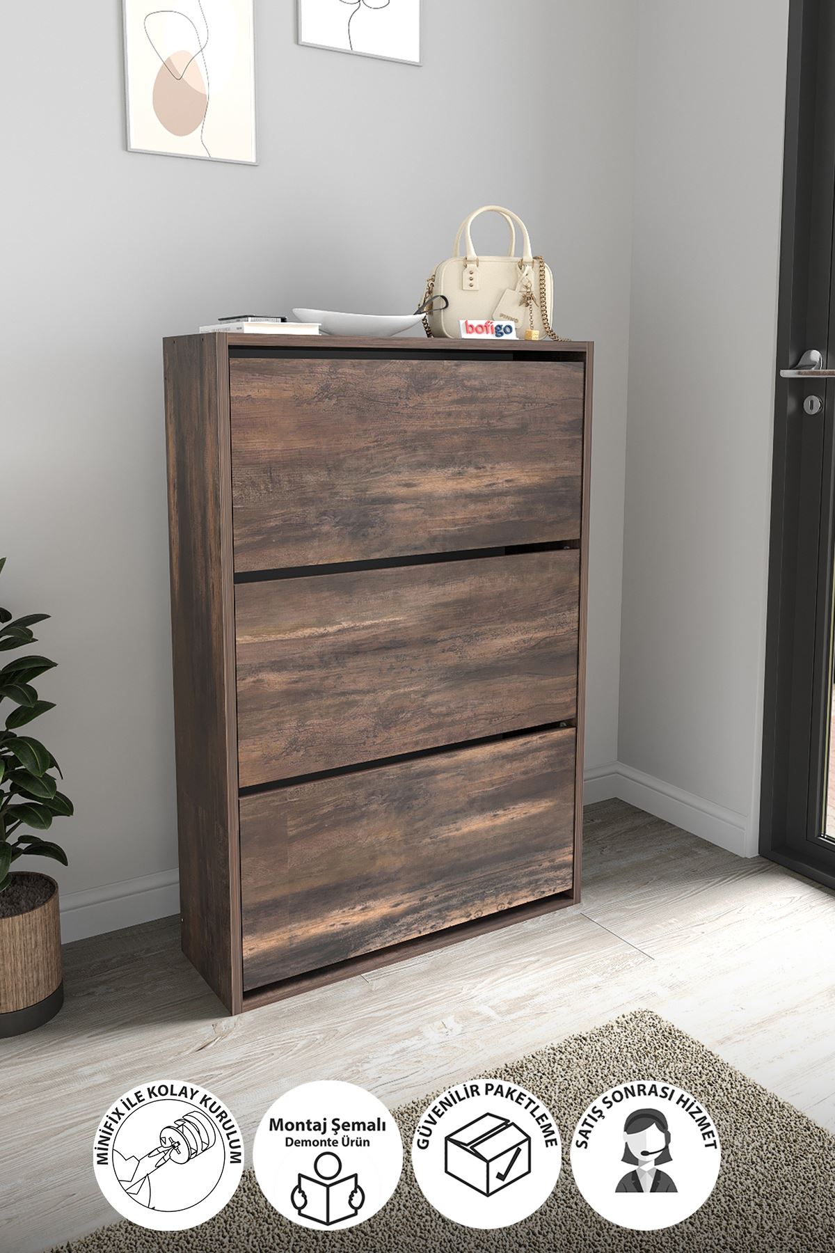 Bofigo Düşer Kapak Ayakkabılık Kayar Raflı Ayakkabılık 3 Bölmeli Ayakkabılık Melek Mars