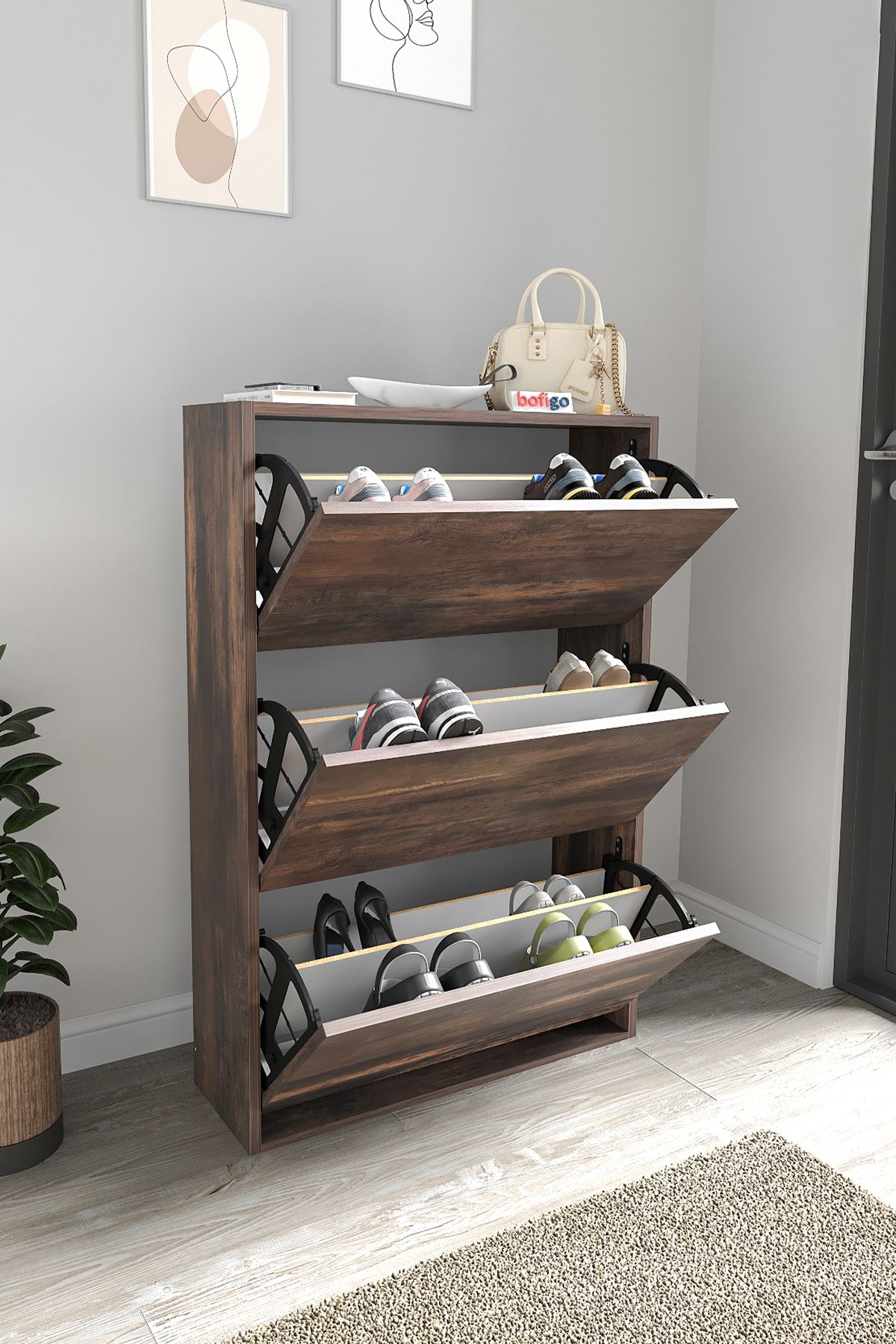 Bofigo Düşer Kapak Ayakkabılık Kayar Raflı Ayakkabılık 3 Bölmeli Ayakkabılık Melek Mars