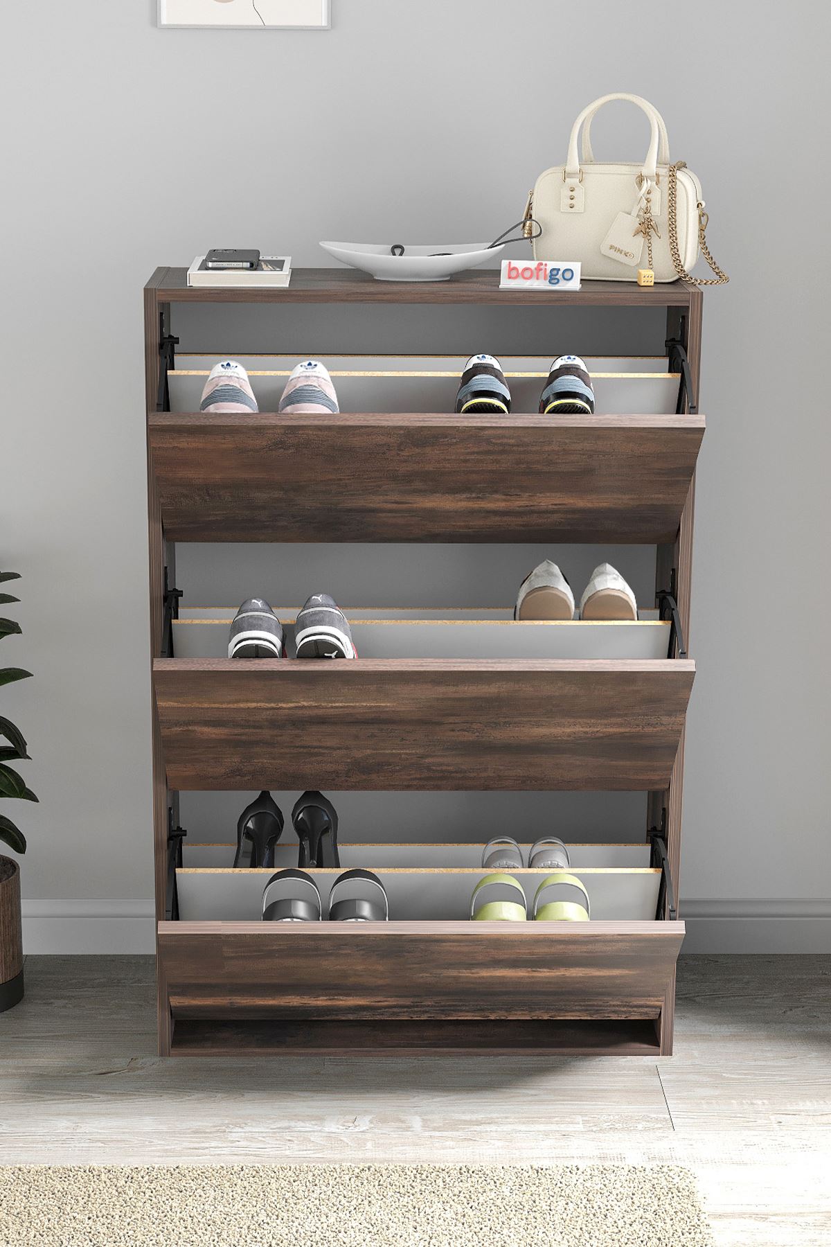 Bofigo Düşer Kapak Ayakkabılık Kayar Raflı Ayakkabılık 3 Bölmeli Ayakkabılık Melek Mars