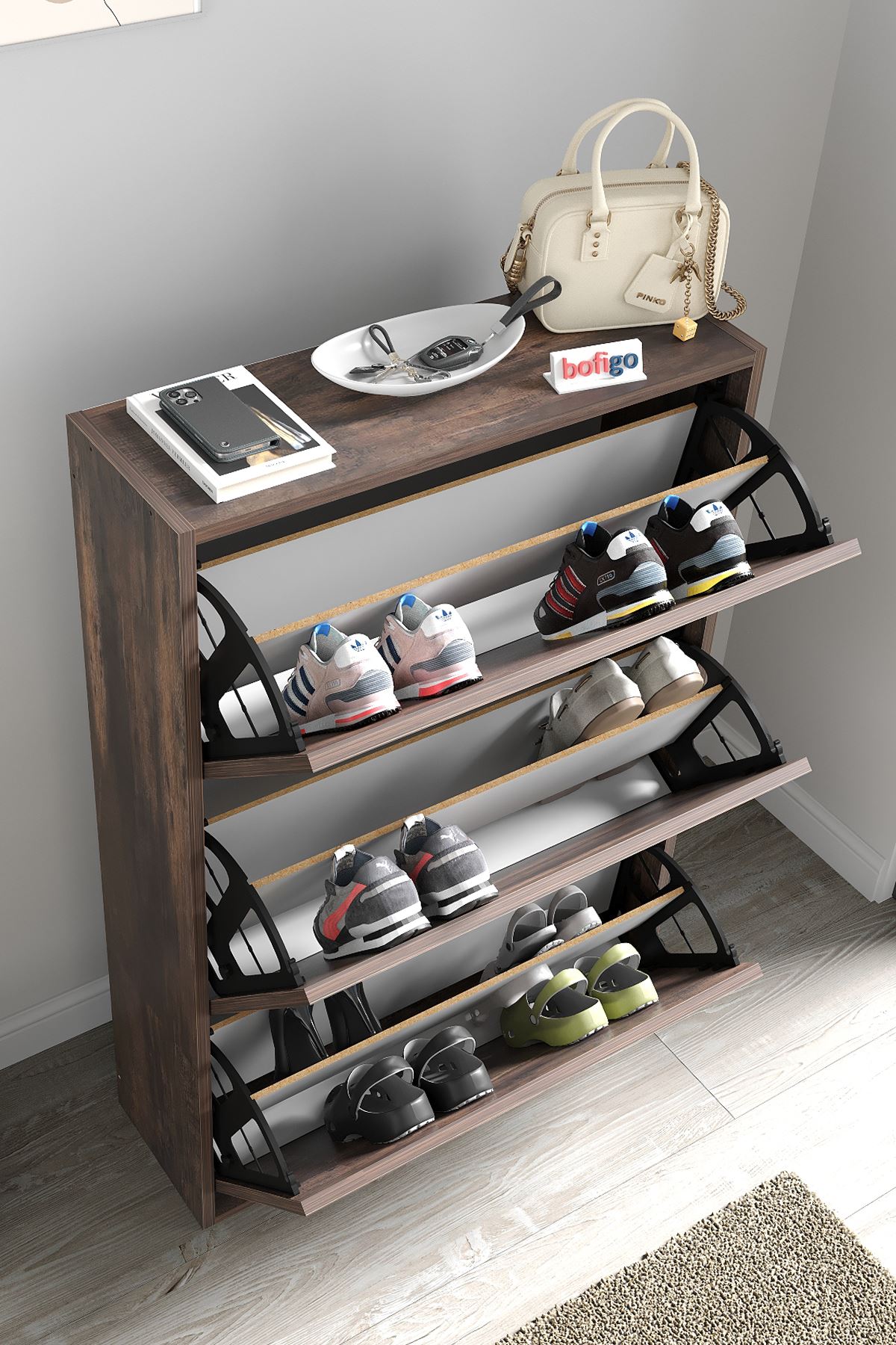 Bofigo Düşer Kapak Ayakkabılık Kayar Raflı Ayakkabılık 3 Bölmeli Ayakkabılık Melek Mars